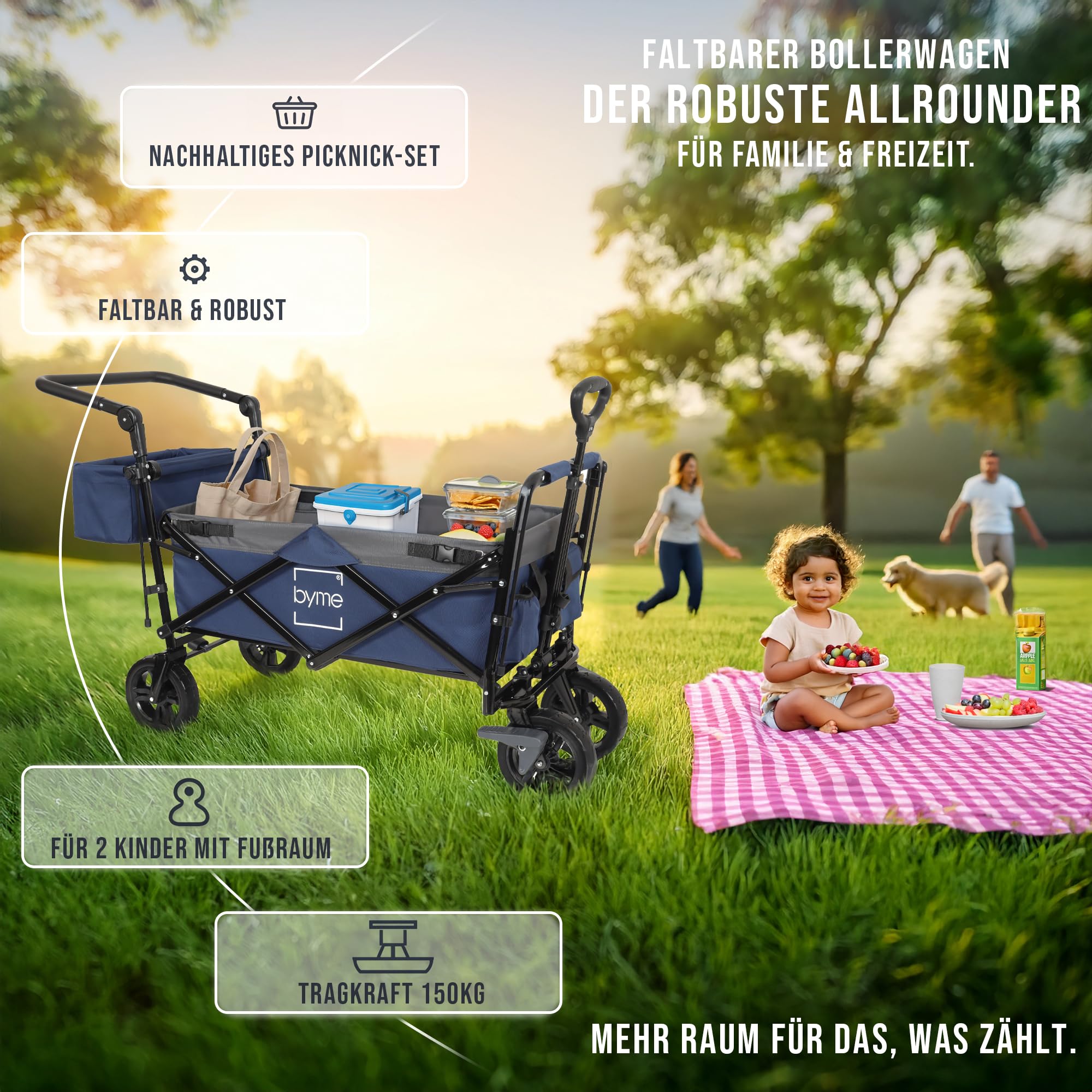 byme Bollerwagen faltbar mit Dach, 150 kg, Picknick-Set und Bremsen