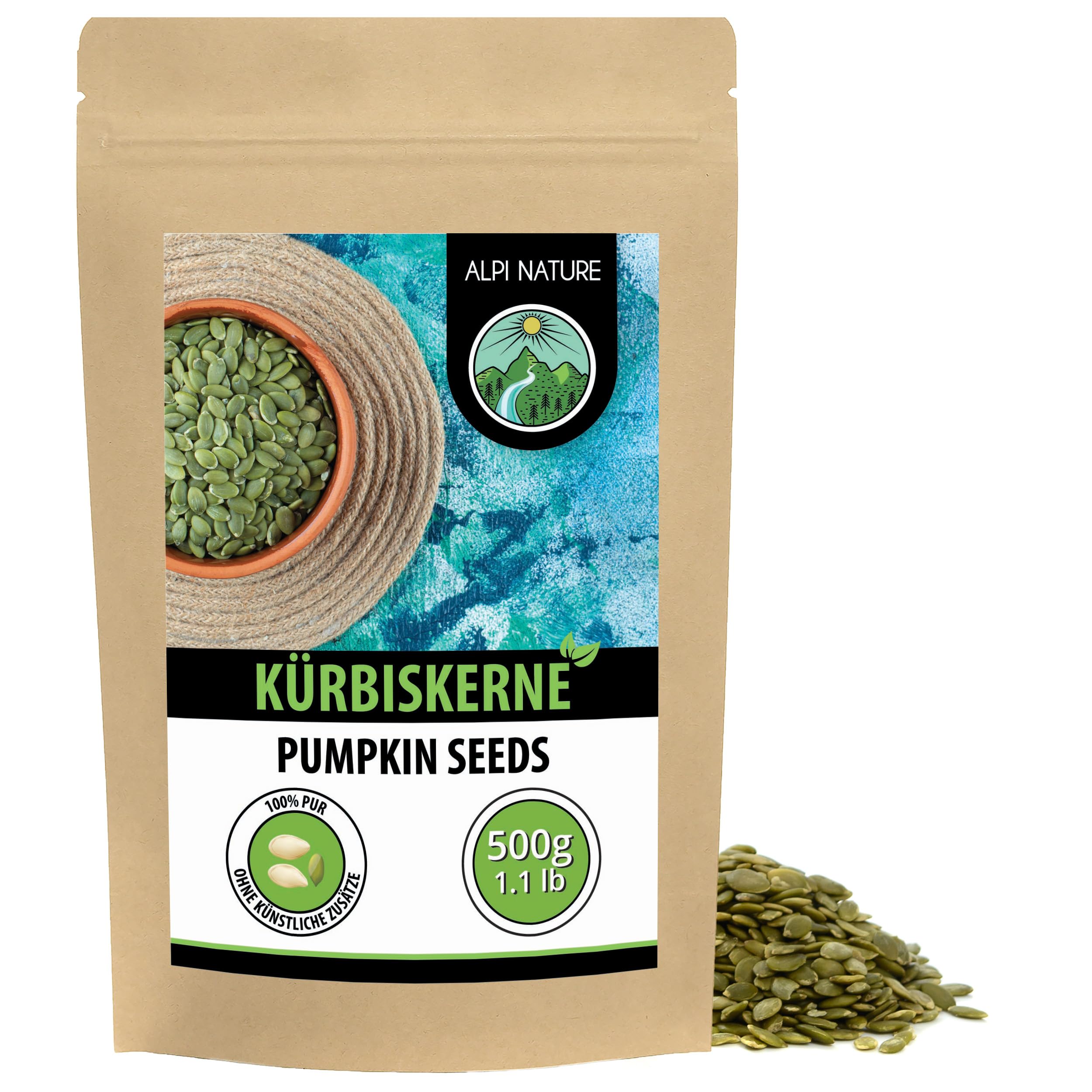 Alpi Nature Kürbiskerne 500g, rohe geschälte Kürbiskerne, Kürbiskern zum Essen, glutenfrei