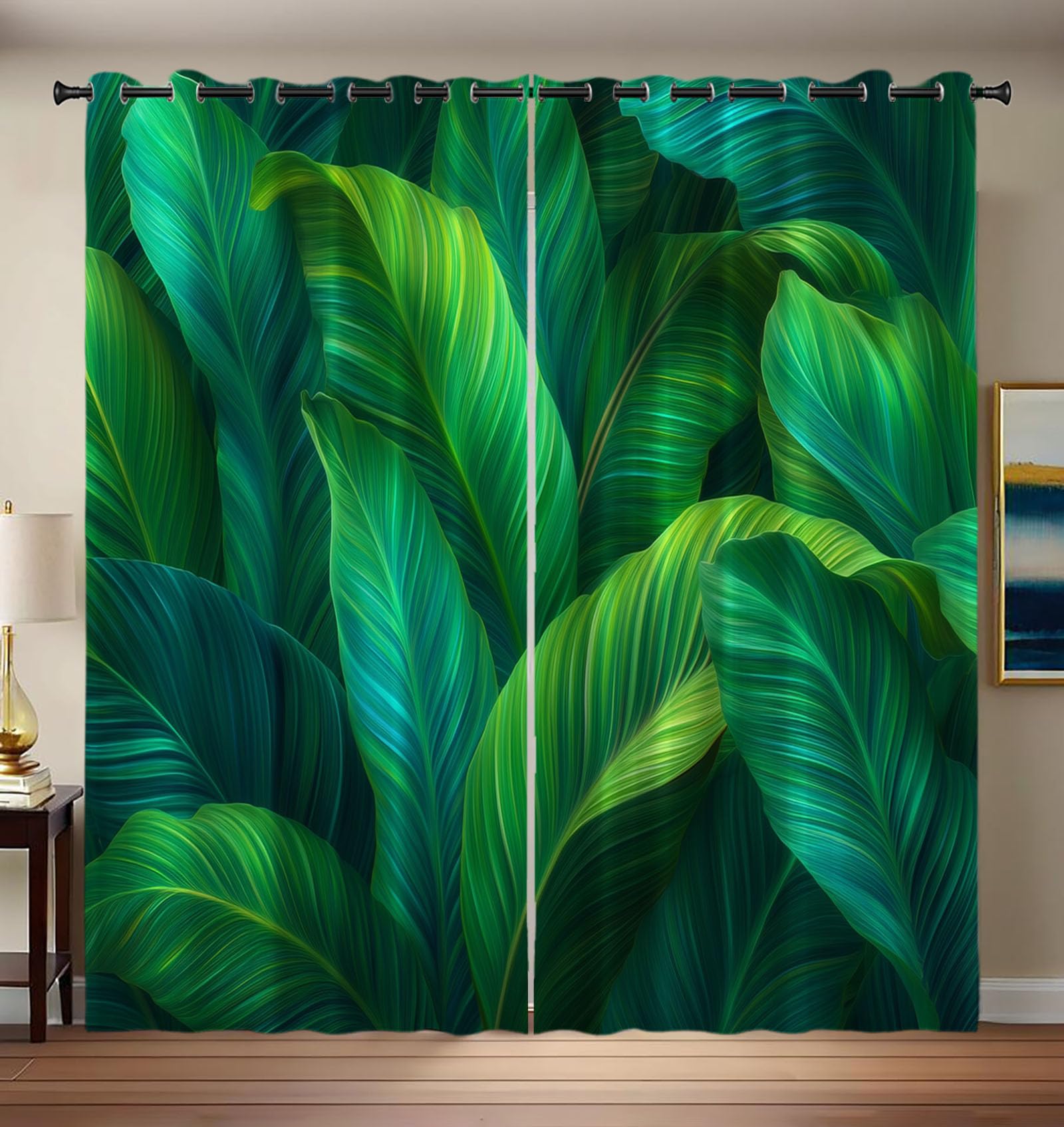 Rideau Occultant Grande Feuille De Bananier Vert, Motif Surréalisme, Rideau Thermique Isolant à Oeillets, Rideaux Fenetre Imprimé pour Salon Chambre Décoration, Lot de 2, 140L X 175H cm