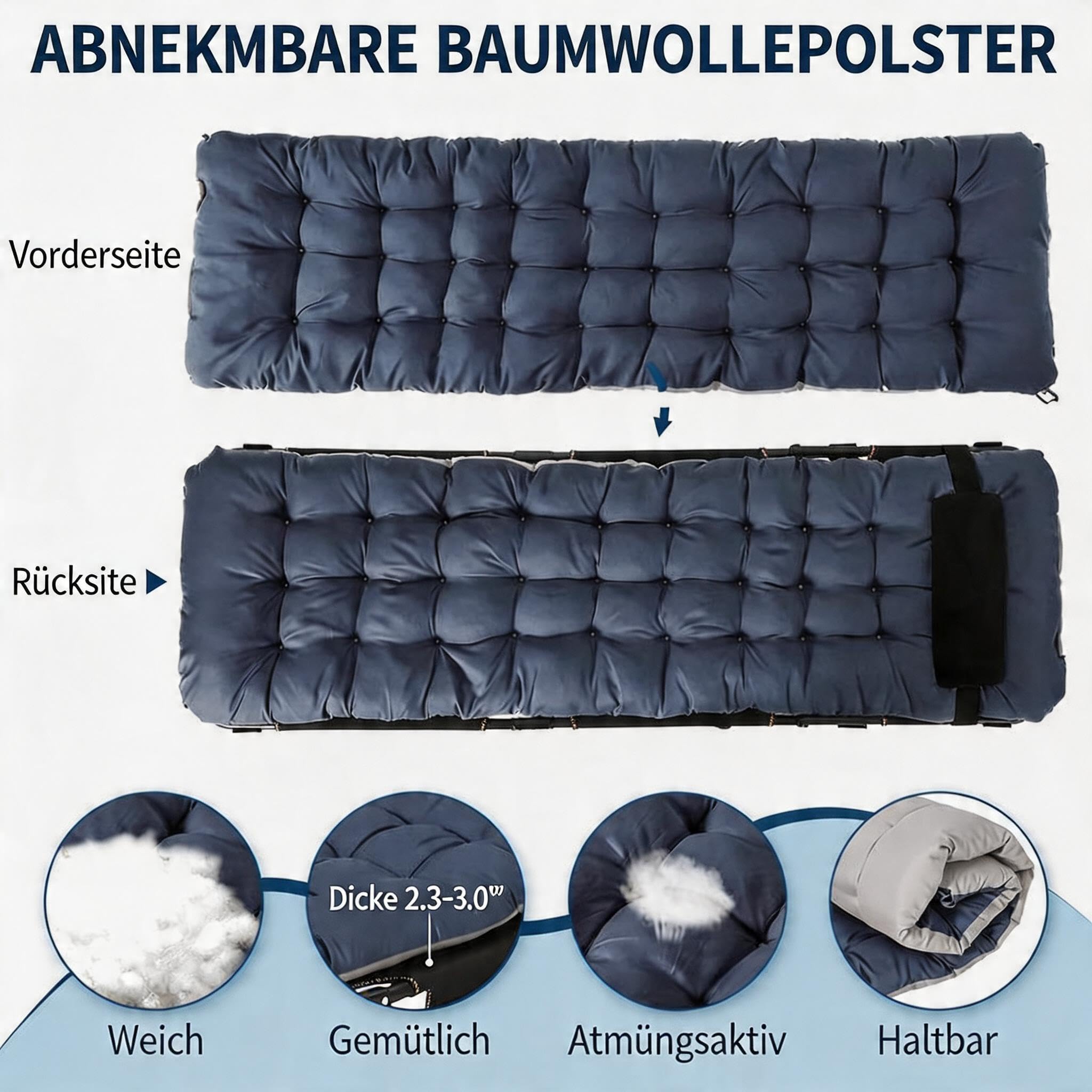 Garvee Campingbett Klappbar mit Matratze 200cm Feldbett Belastbar 8-Beine Stabiles Gästebett Blau