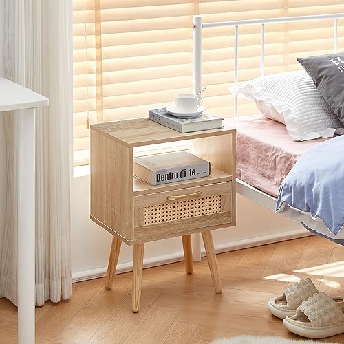 Miniatura 7 de Juego de 3 mesas auxiliares y mesa auxiliar, diseño de ratán natural estilo bohemio, patas de madera maciza, uso para mesa central de sala de estar,