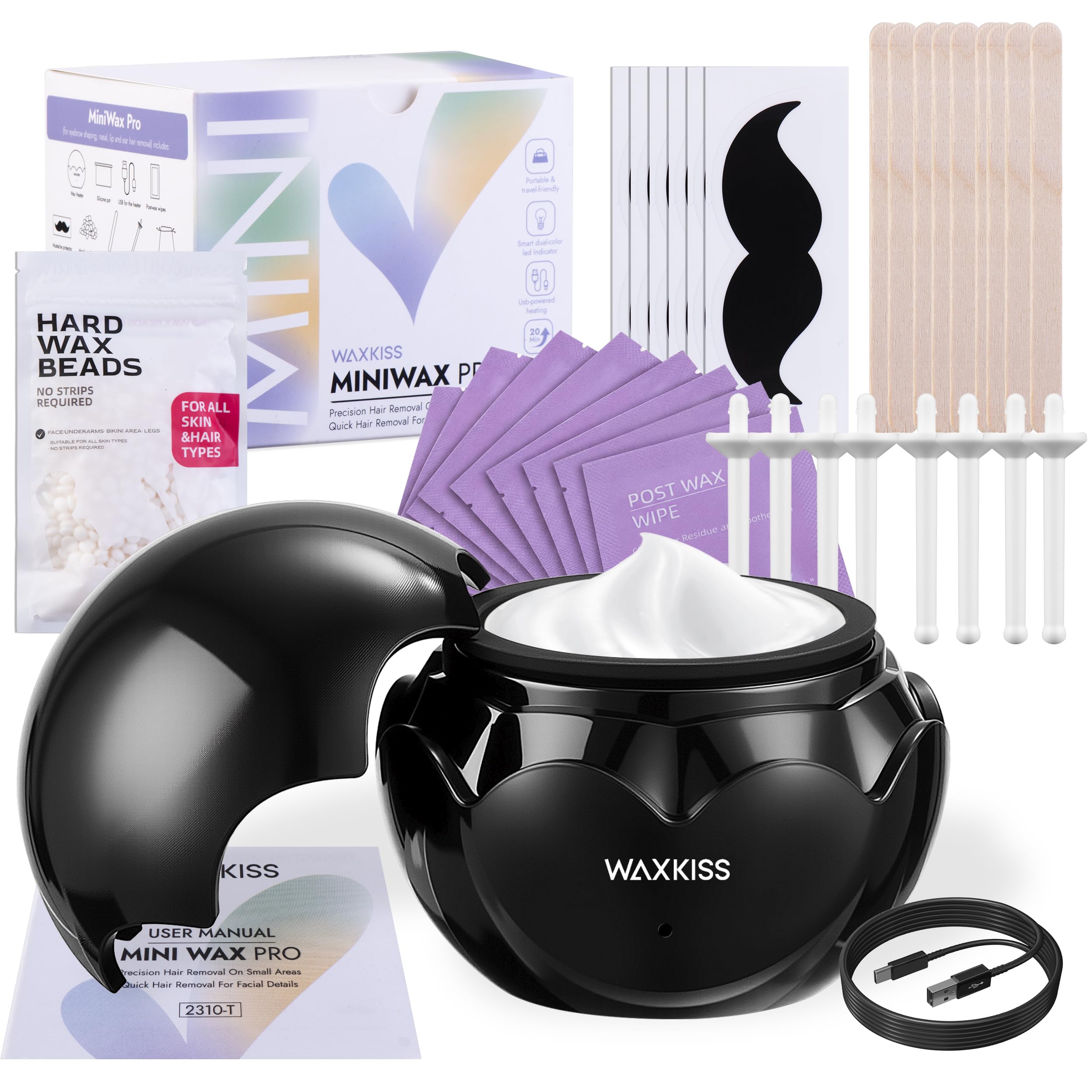Nose Wax Kit for Men Women, Portable USB-C Mini Wax Warmer, Nose Hair Waxing Tool with Silicone Pot, Ear Hair & Eyebrow Waxing, 50g Wax, Face Waxing Sticks, Mustache Guard, Wipes