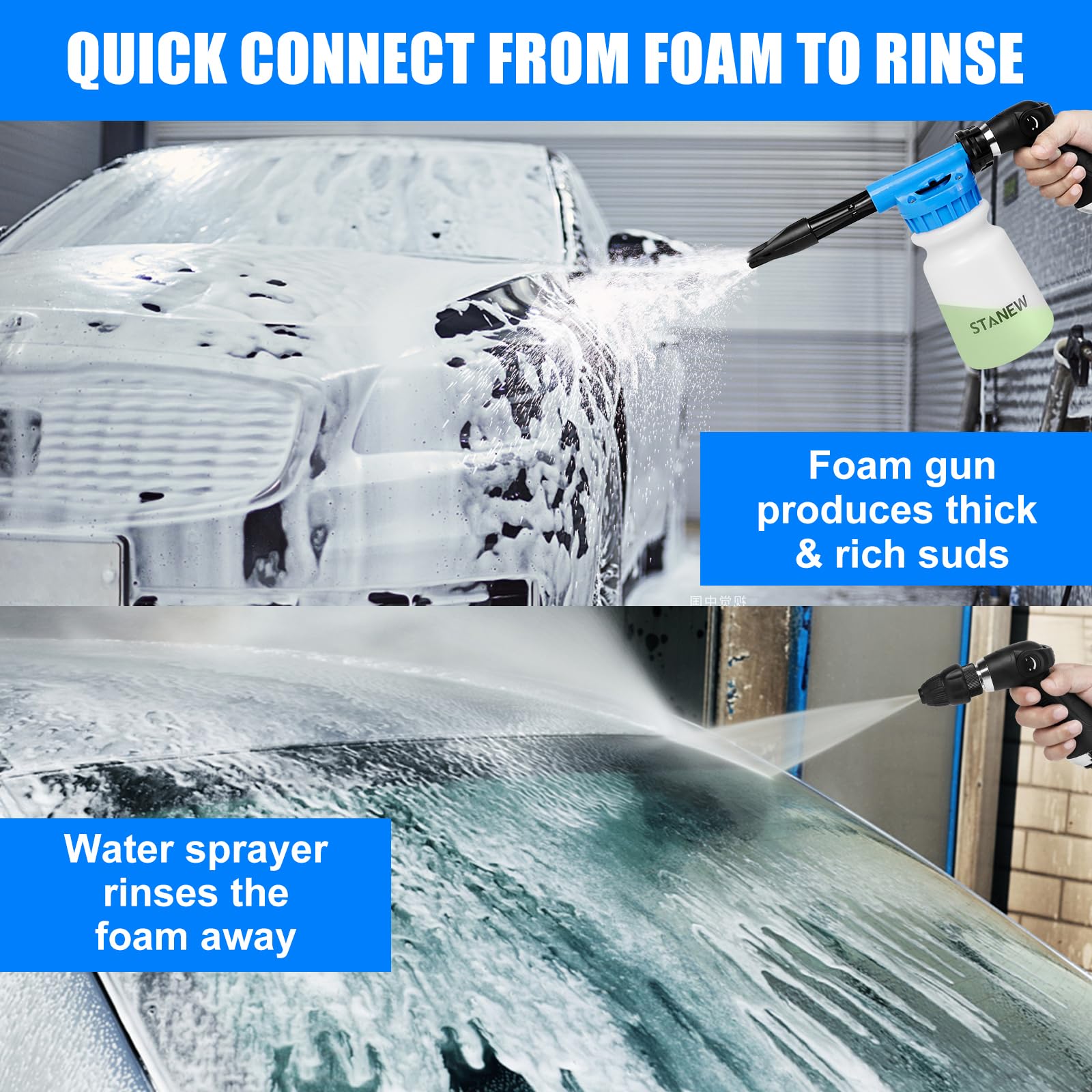 STANEW Pulvérisateur à mousse pour lavage de voiture et pistolet à neige avec tuyau 900 ml pour nettoyer le jardin