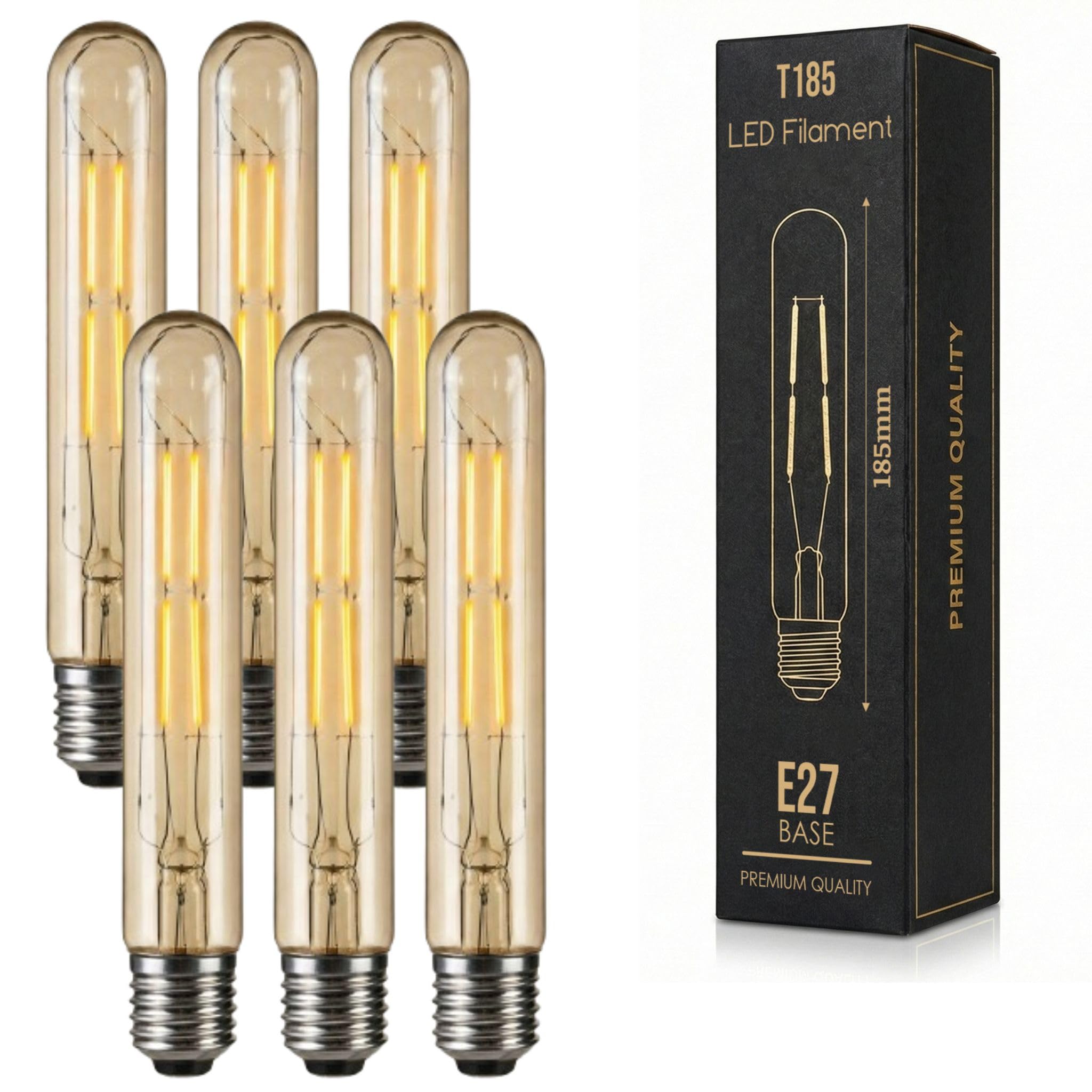 LEDSone Pack 6, LED Tubular E27 Light Bulb, T185 4W (40W Equivalent) Dimmable 2700K WarmWhite AmberGlass 450 Lumen | ES Screw LED Filament Vintage Energy Saving Bulb for Long Cage Lamp Decor