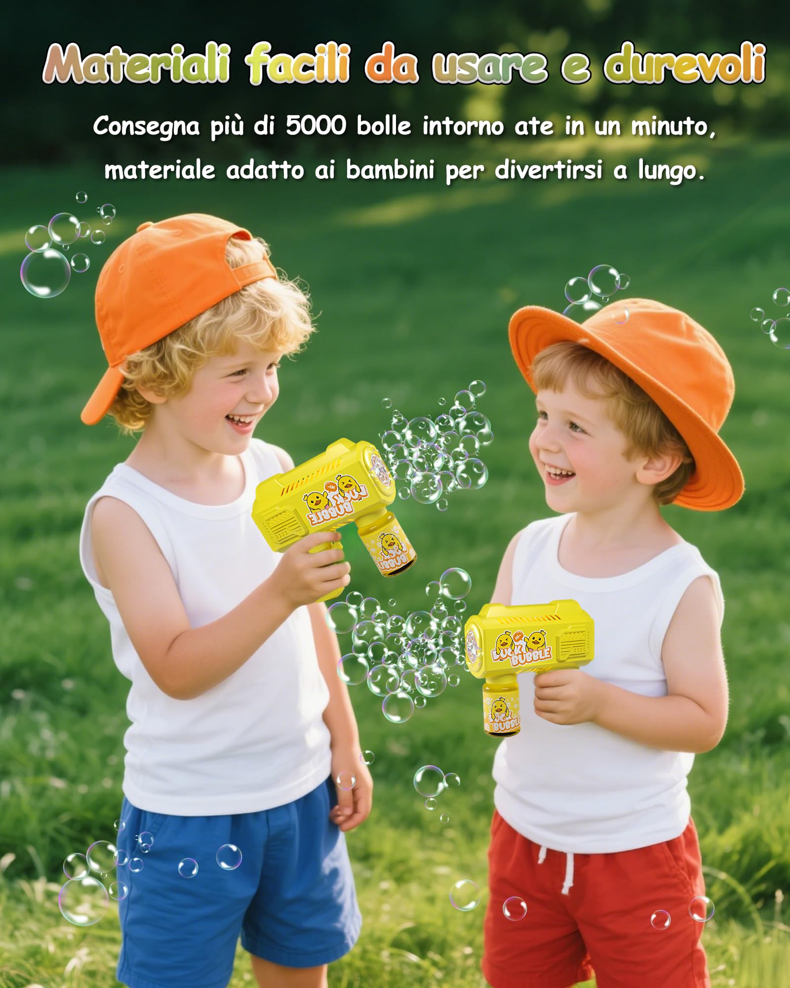 Pistola a Bolle per Bambini, Automatica Macchina di Sapone con 4 Pezzi Soluzione Bolla, 5000 + Bolle/Min, Luce LED, Estate per Festa/Spiaggia/Compleanno/Matrimonio