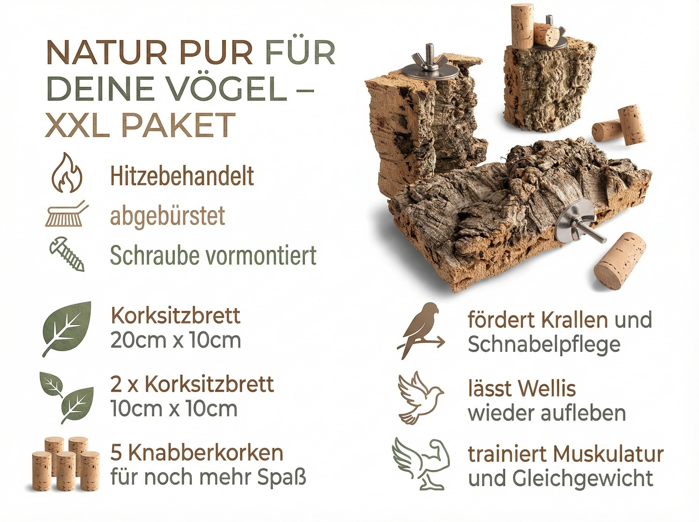 XXL Korksitzbrett Set für Vögel wie Wellensittiche – 100% Naturkork – Natur Vogelspielzeug für artgerechte Haltung im Vogelkäfig, Perfektes Zubehör für Vögel im Käfig als Vogel Spielzeug