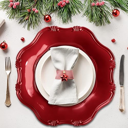 Miniatura 5 de ZOOFOX Juego de 12 platos de carga rojos, cargador festoneado metálico de 13 pulgadas para plato de cena, platos de servicio decorativos para mesa