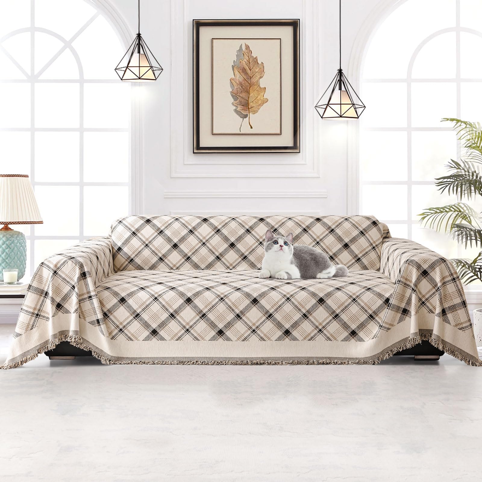 SHANNA Check Sofa Cover for 2 3 4 Seater, Chenille AB Sided Slipcover for Corner Sofa, All-Season Protection Couch Cover for Dogs, Couch Protector Loveseat Futon Cover L Shaped Sofa Cover with Tassel โ image 1