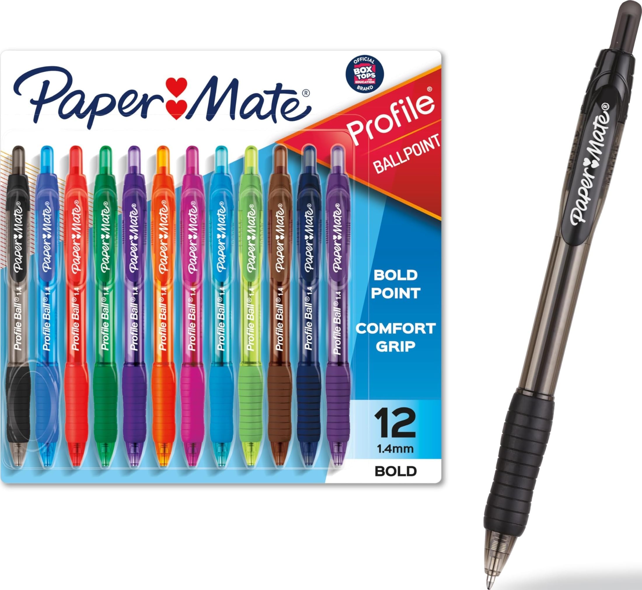 Paper Mate Profile Retractable Ballpoint Pens, Bold Point (1.4mm), Assorted Colors, 12 Count - Back to School, Office, Teacher Supplies