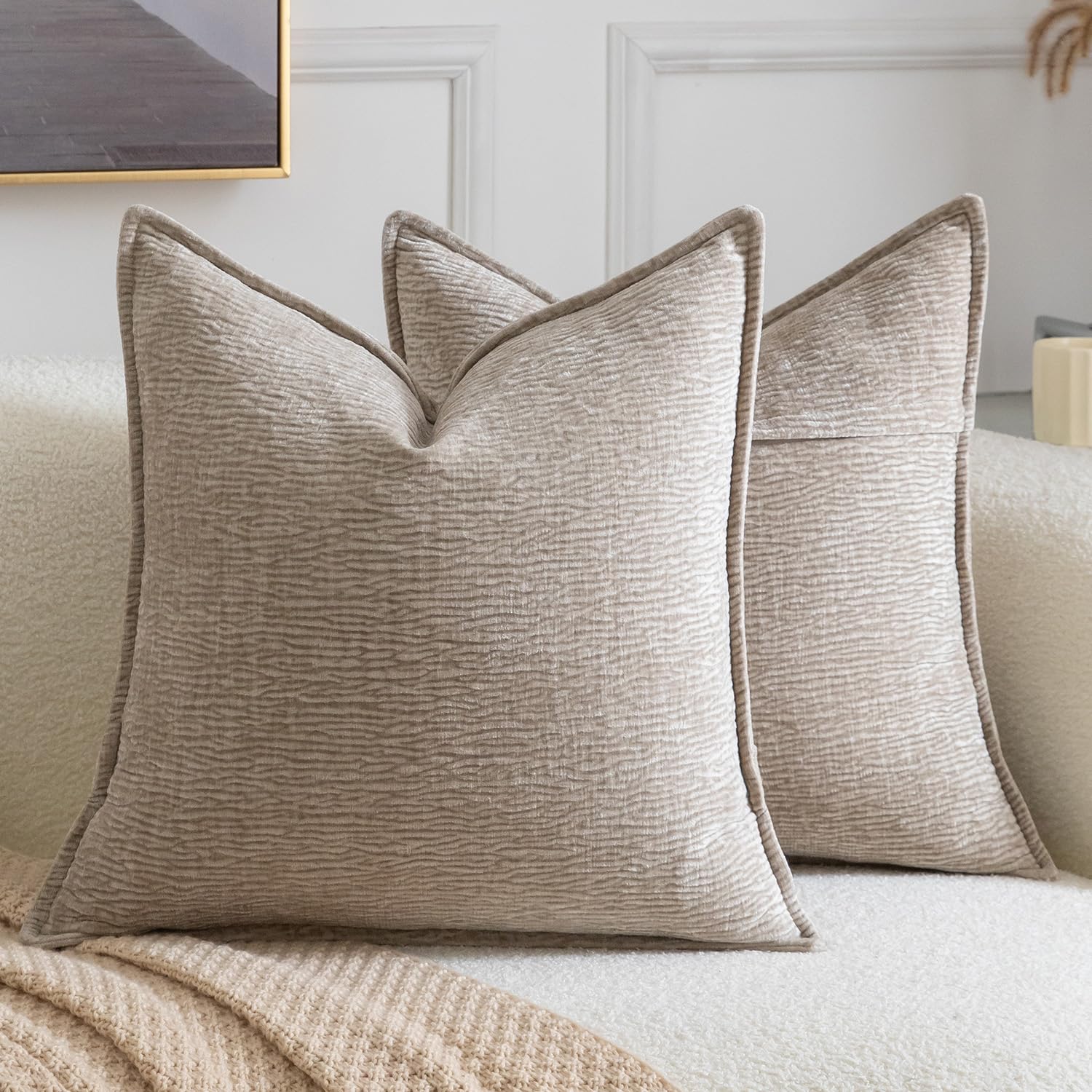 Madizz Pack of 2 Decorative Cushion Covers Soft Chenille Throw Pillows Solid Textured Throw Pillow Covers for Couch Sofa Bedroom Living Room 40x40 CM, Light Taupe โ image 1