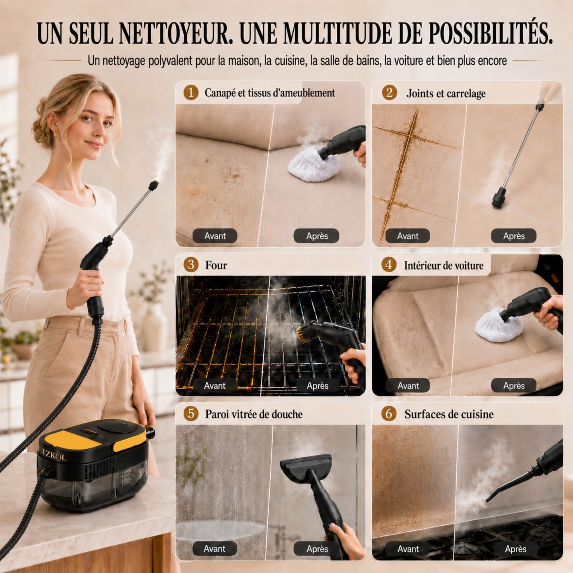 Nettoyeur Vapeur Haute Pression 2500W Portable, 3 Bar, Chauffage Rapide 15s