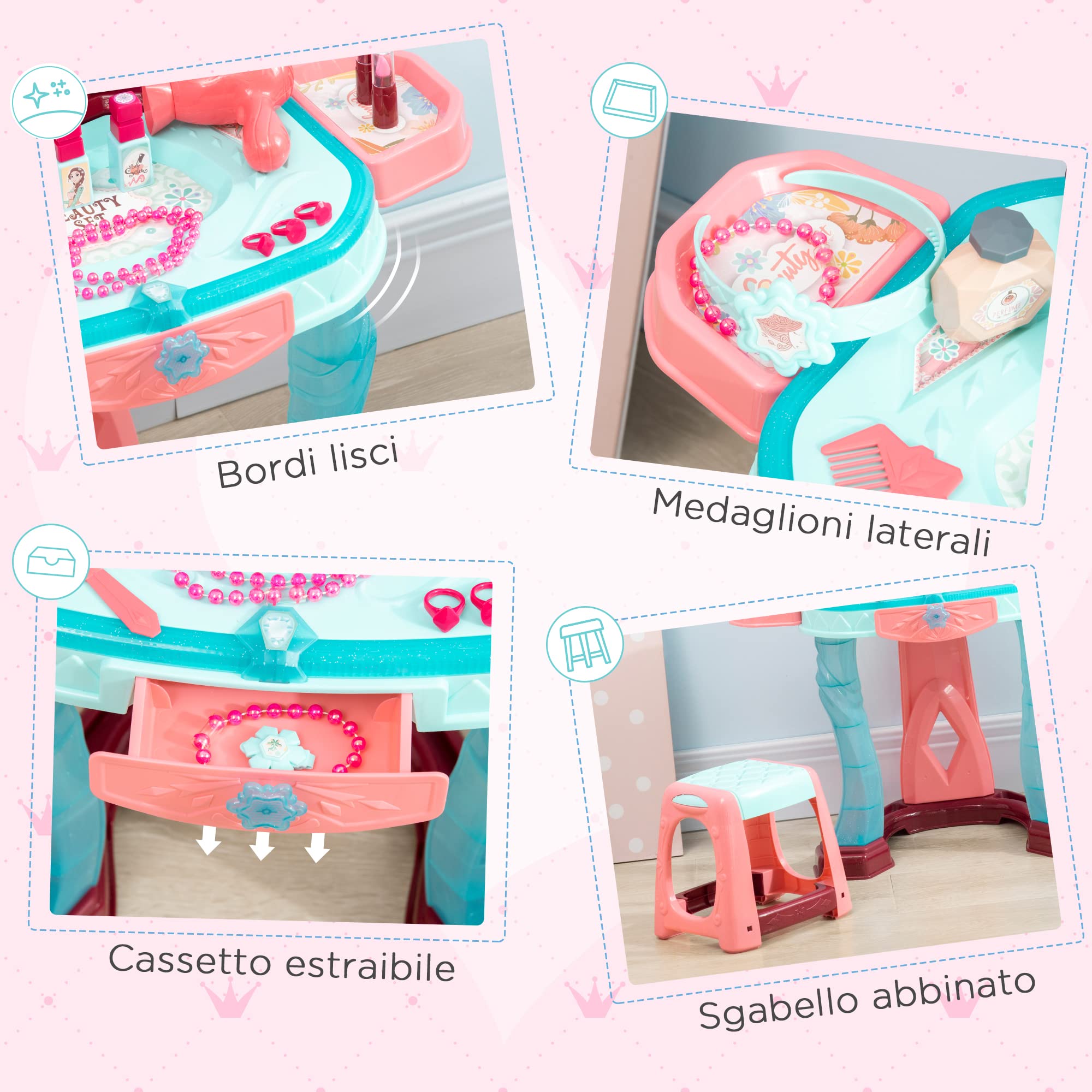 AIYAPLAY Set Tavolo Toeletta con Sgabello per Bambini da 3-6 Anni, Postazione Trucco Bambina con Luci e Musica, 31 Accessori di Bellezza Inclusi