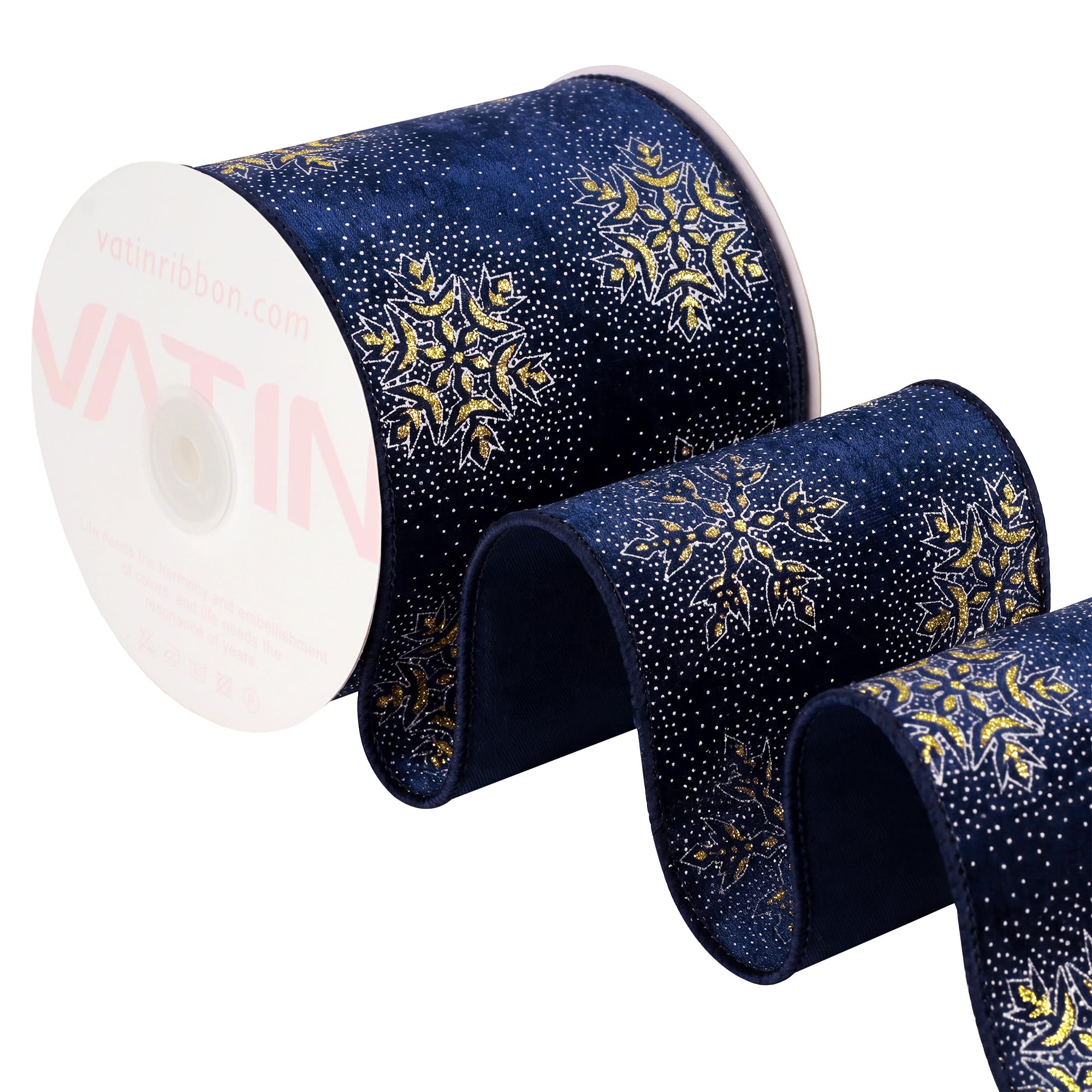 VATIN Navy Velvet Gold Snowflake & Dot Wired Ribbon, 102 MM x 9 M