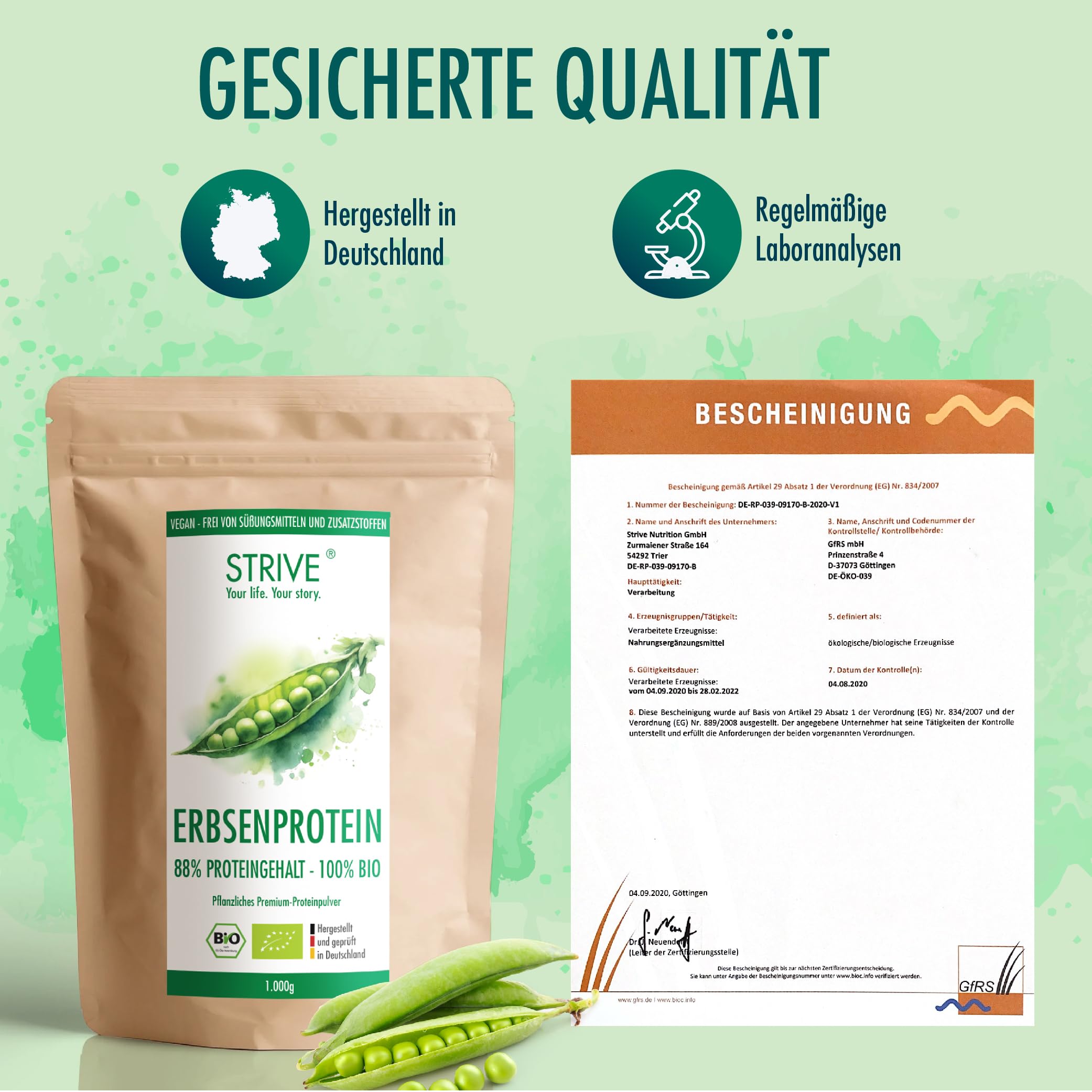STRIVE Erbsenprotein 100% BIO Vegan | Fermentiertes Premium Erbsenprotein Isolat | Cremig, gut löslich, neutral | 1 kg Bio Eiweiß Pulver mit allen Aminosäuren | Geprüfte Qualität DE-ÖKO-039