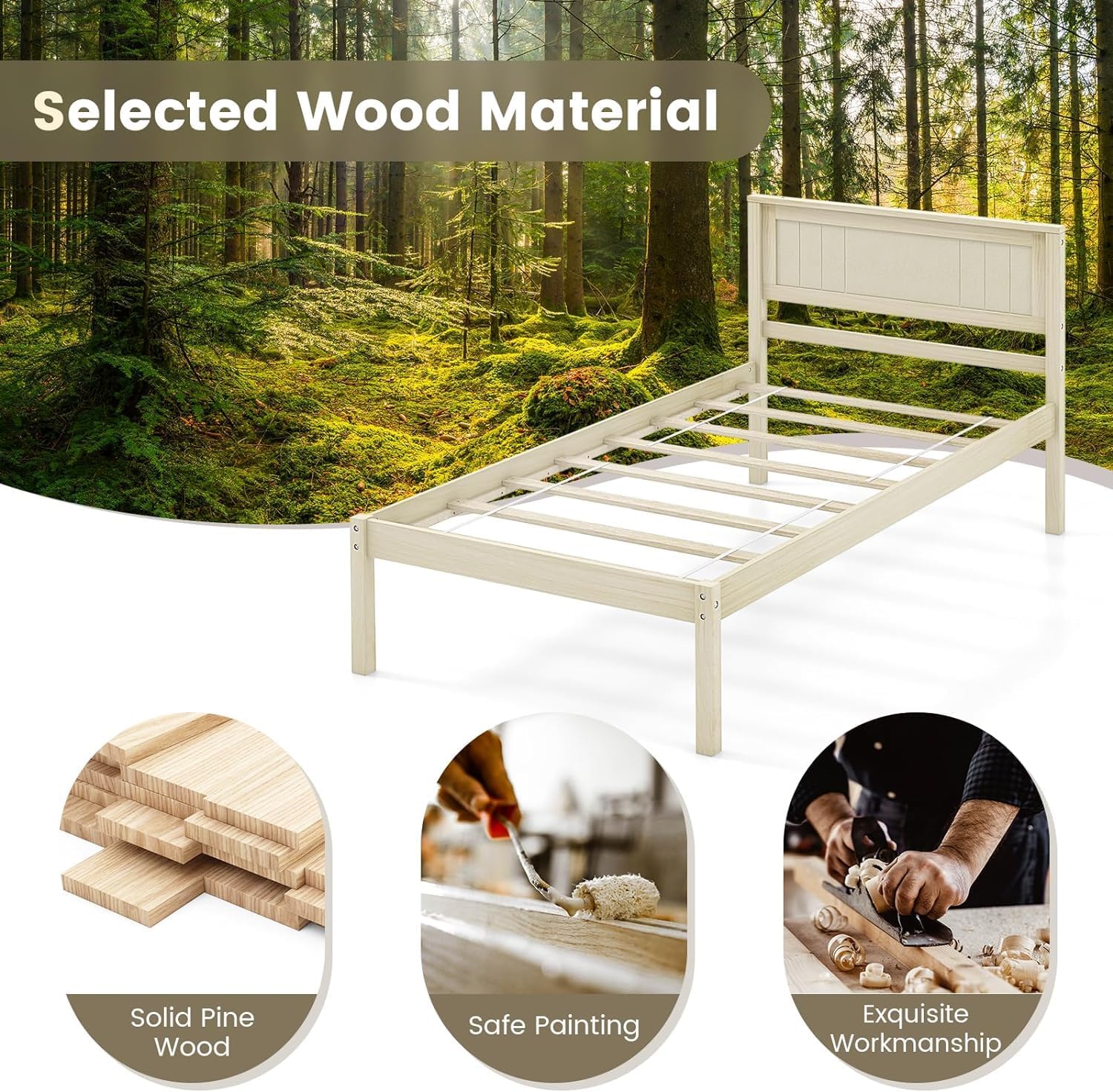 KOMFOTT Twin Size Wood Platform Bed Frame with Headboard, Solid Wood Bed Frame with Slat Support, Under Bed Storage, 16-Inch Mattress Foundation Bedroom Furniture, No Box Spring Needed