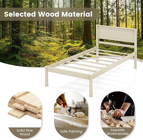 Miniatura 7 de KOMFOTT Base de cama de plataforma de madera con cabecero, marco de cama de madera maciza con soporte de listones, almacenamiento debajo de la cama,