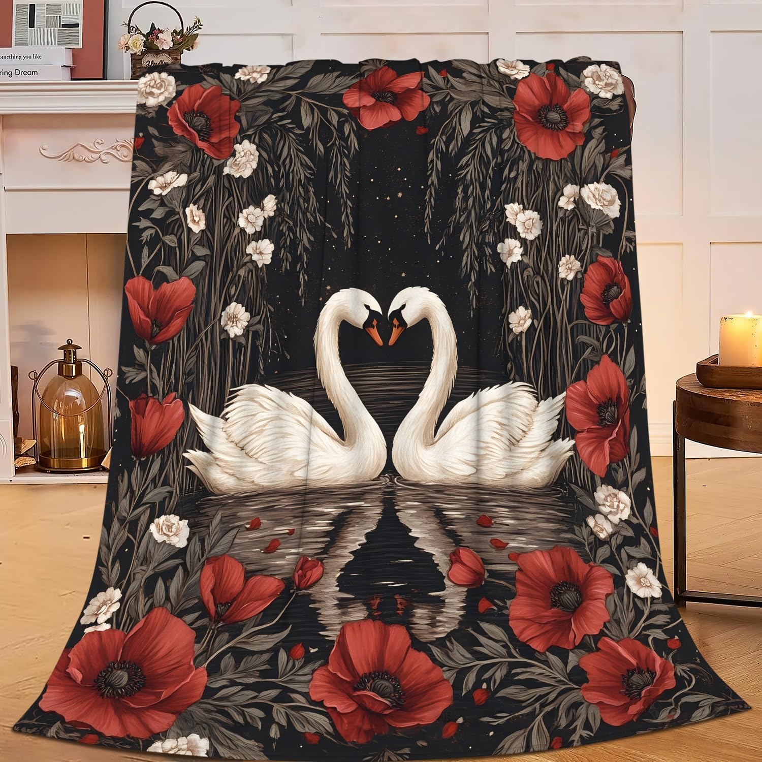 SweetFox White Swan Blanket Swan Princess Flowers Decor Throw Blanket Gifts for Girls Boys Super Warm Soft Plush Lightweight Fleece Flannel Winter Bedding Blankets for Kids Adults Women Men 50"X40"