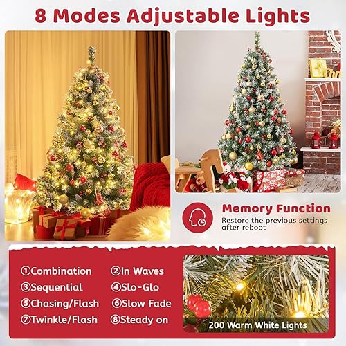 Miniatura 4 de HAPPYGRILL Árbol de Navidad artificial preiluminado de 6.5 pies, árbol de Navidad predecorado con bisagras con 909 puntas de rama, 420 luces LED, 8