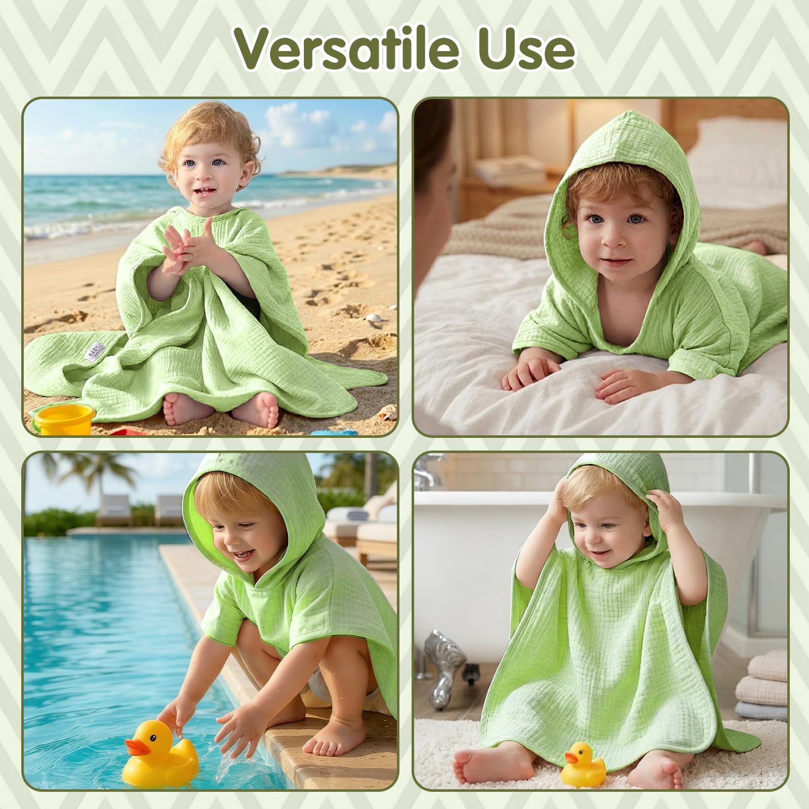 Serviette de Bain Bébé Enfant avec Capuche 100% Mousseline de Coton, Cape de Bain Enfant Douce et Respirante, Poncho de Bain de 0 à 6 Ans, Sortie de Bain Absorbante pour Bain, Plage et Piscine