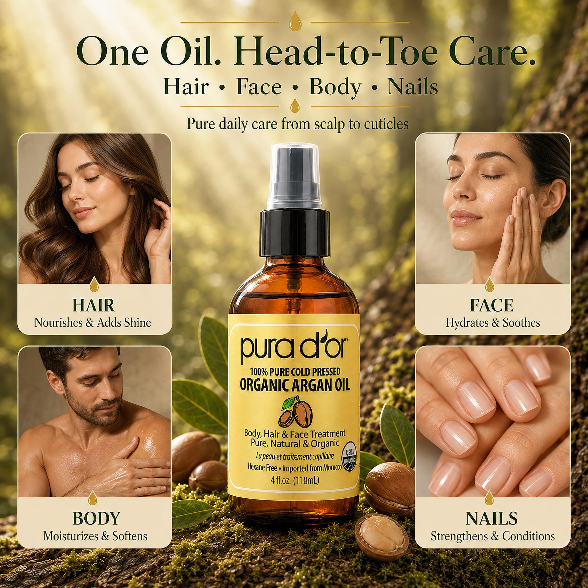 Pura D'Or Olio di argan marocchino biologico 100% puro spremuto a freddo e trattamento idratante organico USDA per viso, capelli, pelle e unghie, 118 ml