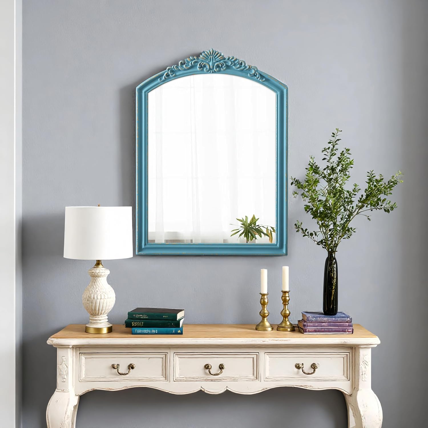Rustic Blue Arched Wall Mirror 23 x 30 Inch, Hanging Distressed Finish Wood Frame Vintage Decorative Bathroom Mirror, Farmhouse Mirror for Living Room Bedroom Entryway