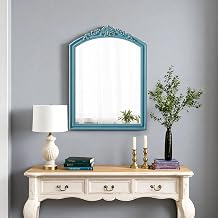 Rustic Blue Arched Wall Mirror 23 x 30 Inch, Hanging Distressed Finish Wood Frame Vintage Decorative Bathroom Mirror, Farmhouse Mirror for Living Room Bedroom Entryway