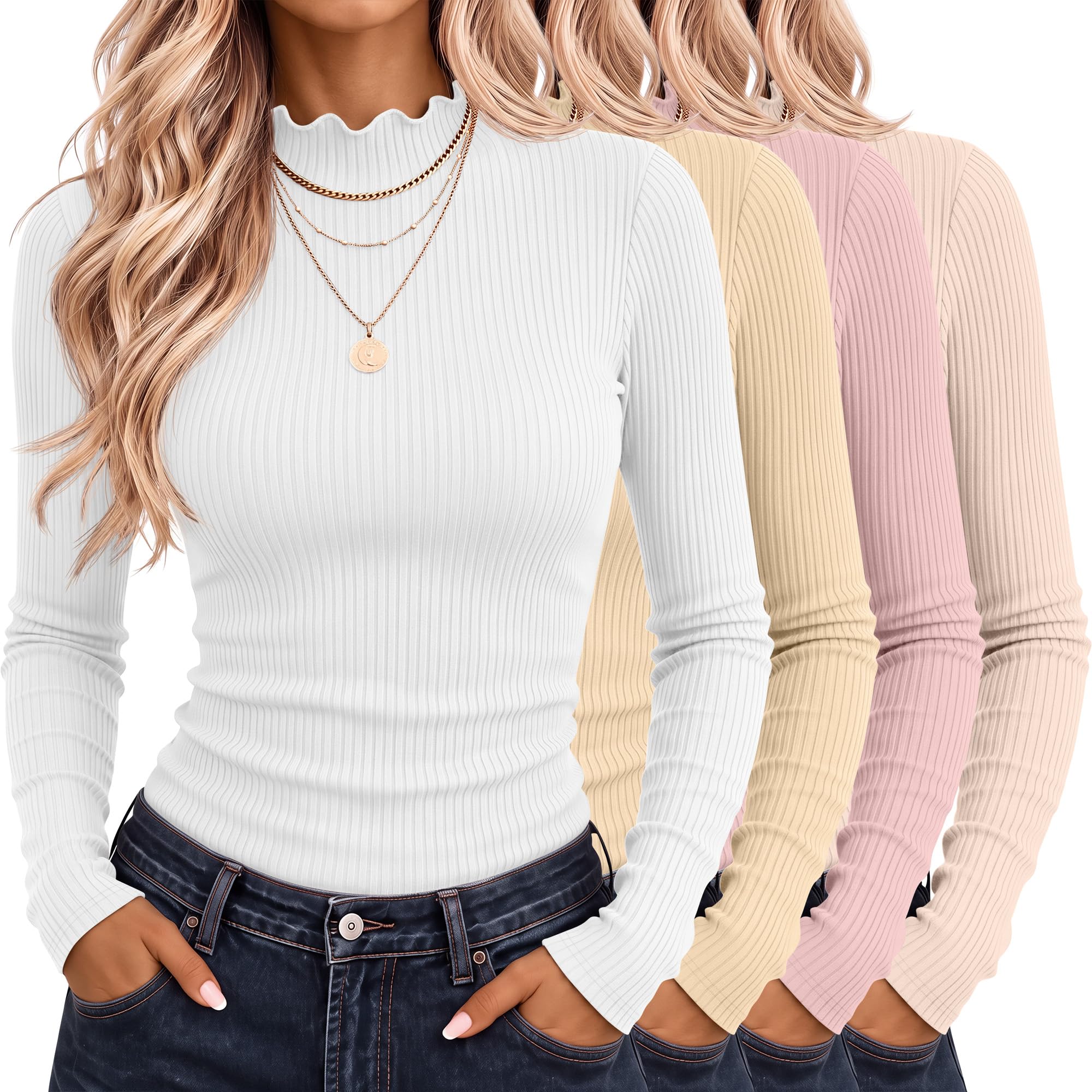 Riyiper 4 Pack Womens Cotton Mockneck Ribbed Long Sleeve Tops