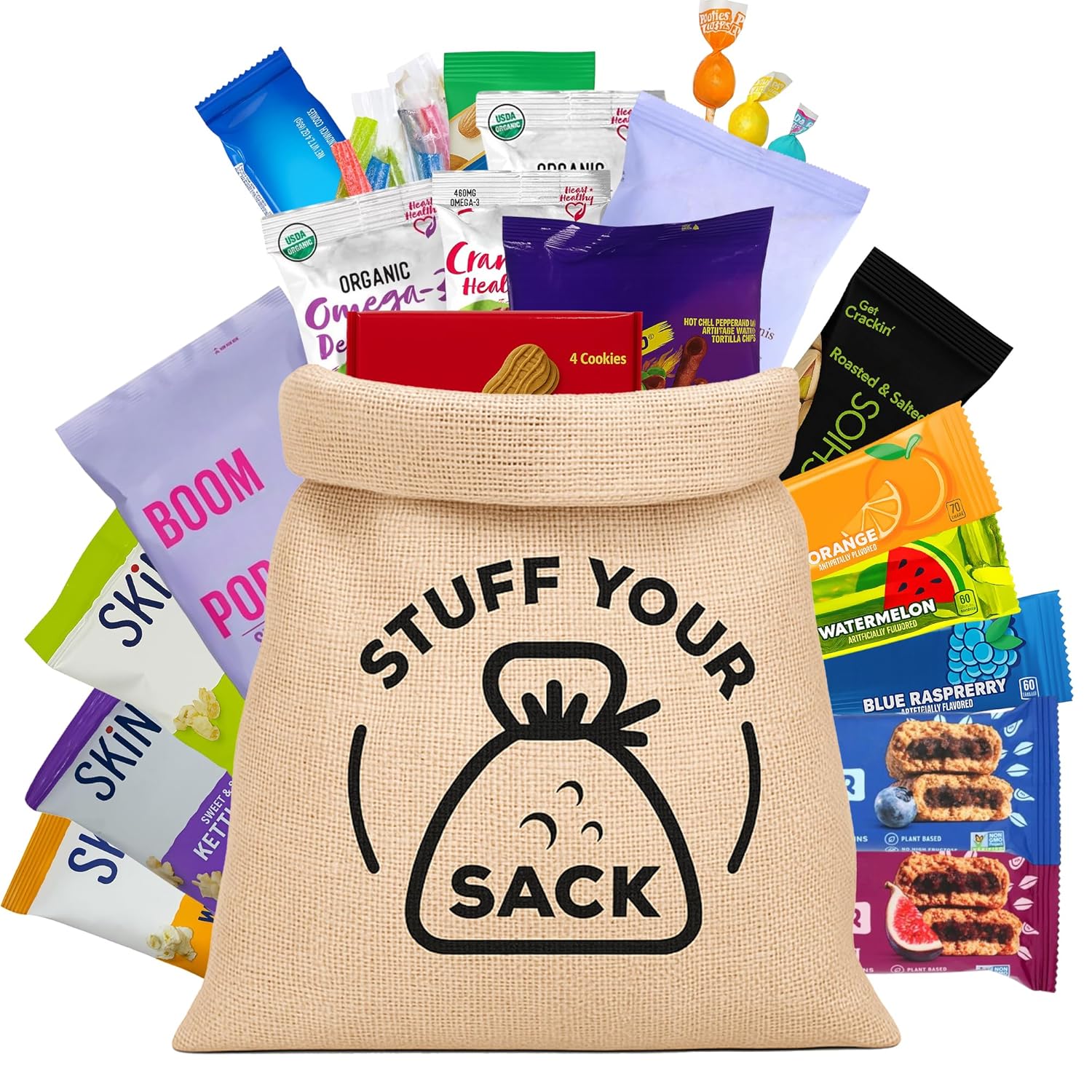 Vegan Snacks Variety Pack – 40 Count Plant-Based Snack Box for Adults and Kids – Dairy-Free, Meat-Free Assortment of Chips, Fruit Snacks, and Treats by Stuff Your Sack