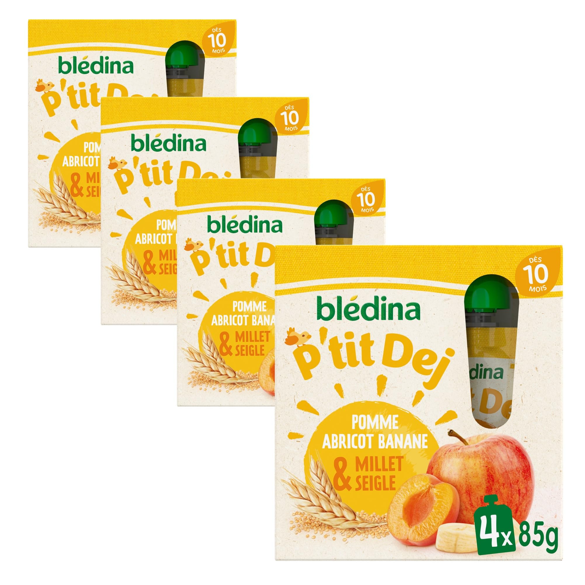 BLÉDINA - Gourdes de Purées de Fruits - Petit Déjeuner de Bébé - Pomme Abricot Banane Millet et Seigle - dès 10 Mois - 16 x 85 g
