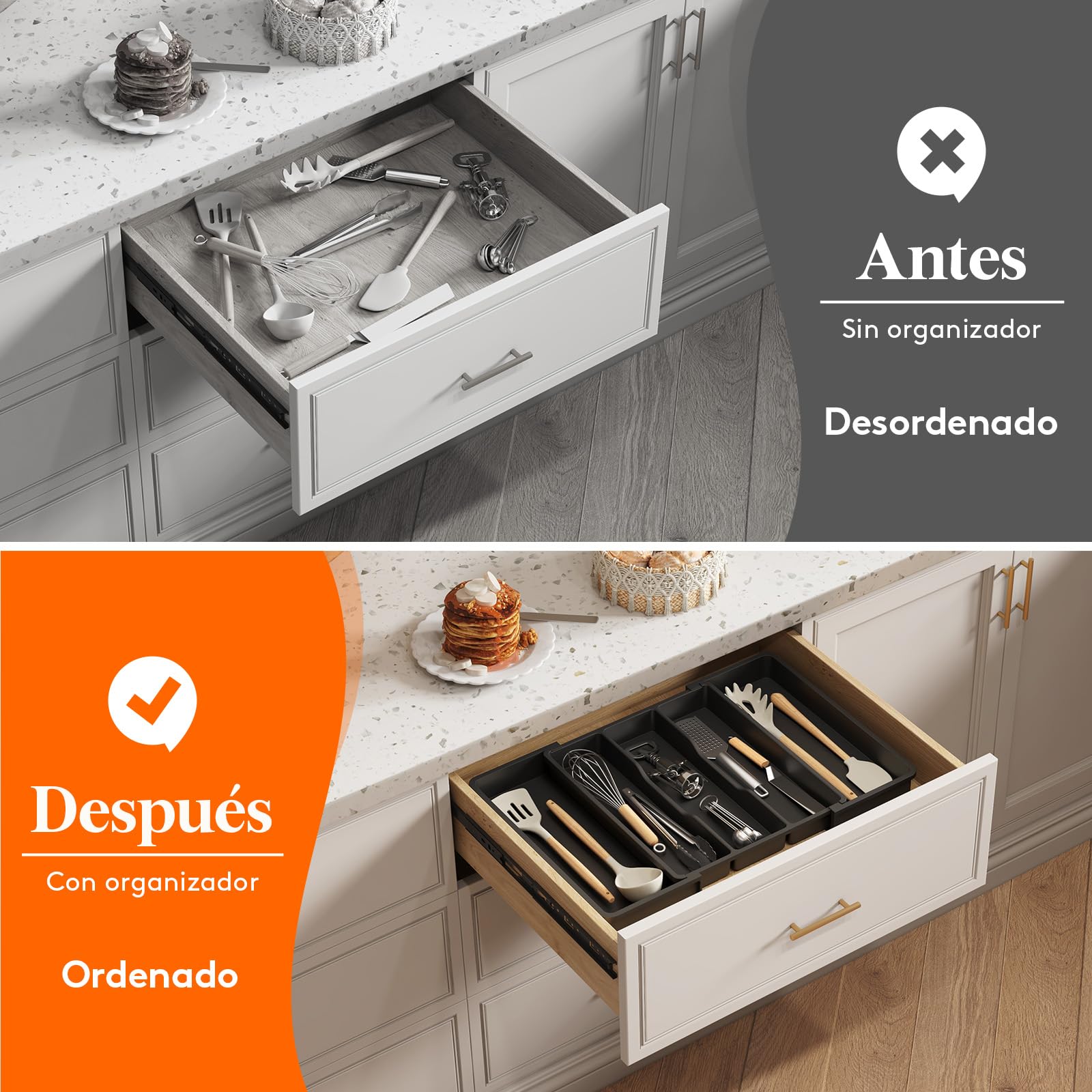 Lifewit Organizador de Cajones de Utensilios, Organizador Cubiertos Expandible para Cocina, Soporte de Cubiertos Ajustable para Cajon, Profundidad de 38 cm, Ampliable a 57 cm, Lote 1, Negro