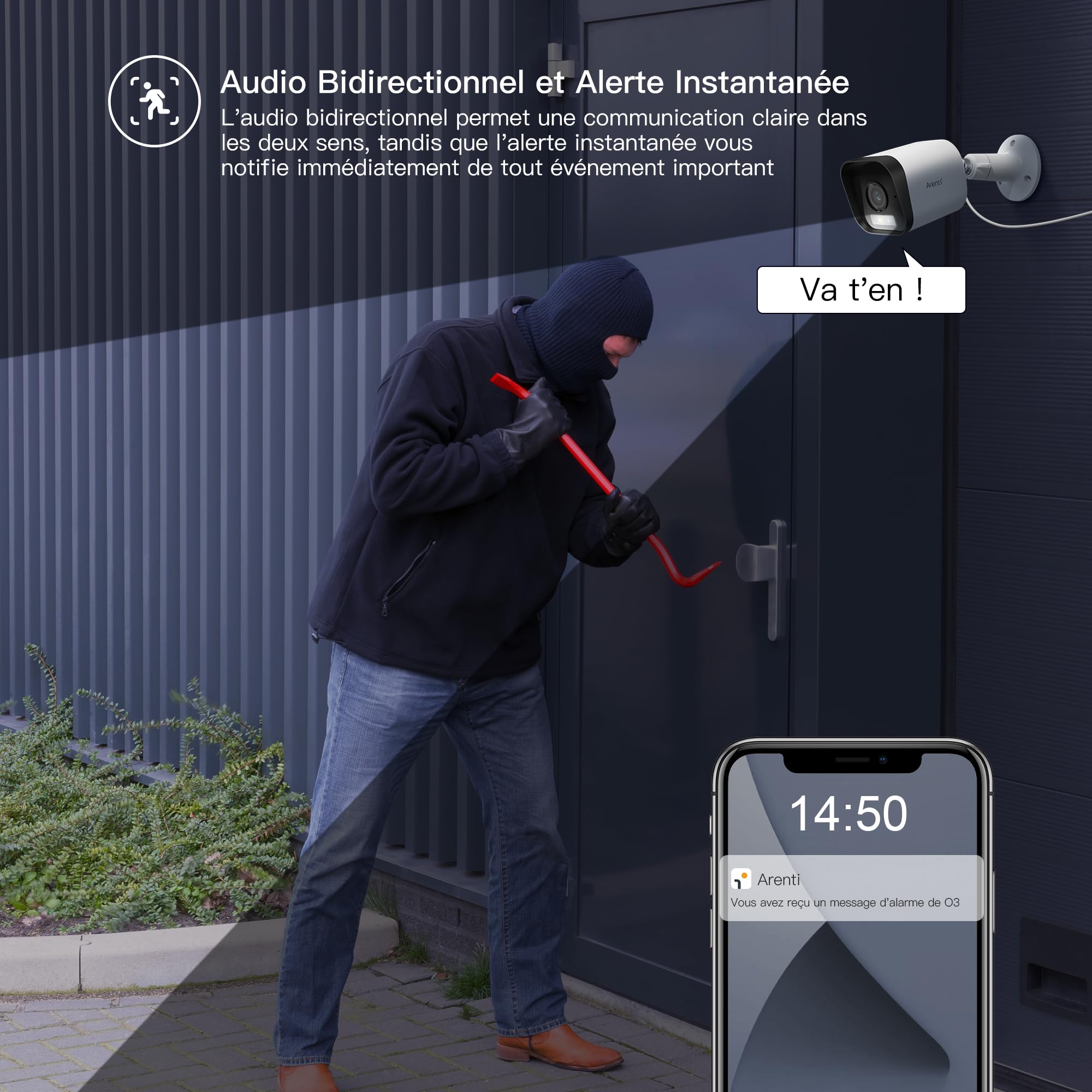 ARENTI 2,5K/4MP Caméra Surveillance Wi-FI Extérieure, Caméra IP 2,4GHz, IP65 Étanche, Audio Bidirectionnel, Détection Intelligente, Enregistrement 24/7, Alerte Instantanée et Sirène, 2PCS
