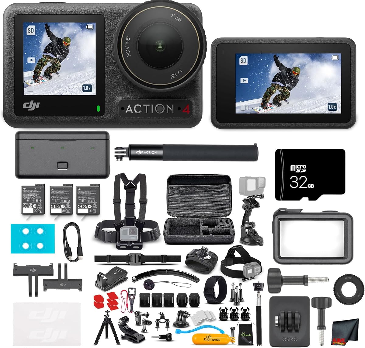 DJI Osmo Action 4 Camera Adventure Combo - Waterproof Action Camera with 4K UHD Video, 1/1.3" Sensor, Stabilization, Dual Screens, for Vlogging, Travel & Sports + 32GB Card & 50 Piece Accessory Kit