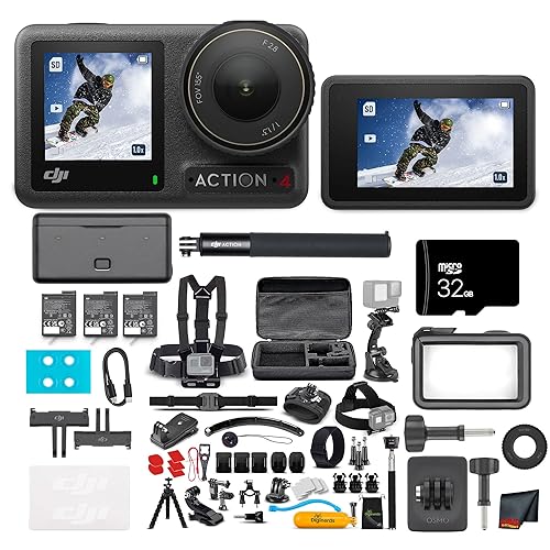 DJI Osmo Action 4 Camera Adventure Combo - Waterproof Action Camera with 4K UHD Video, 1/1.3" Sensor, Stabilization, Dual Screens, for Vlogging, Travel & Sports + 32GB Card & 50 Piece Accessory Kit