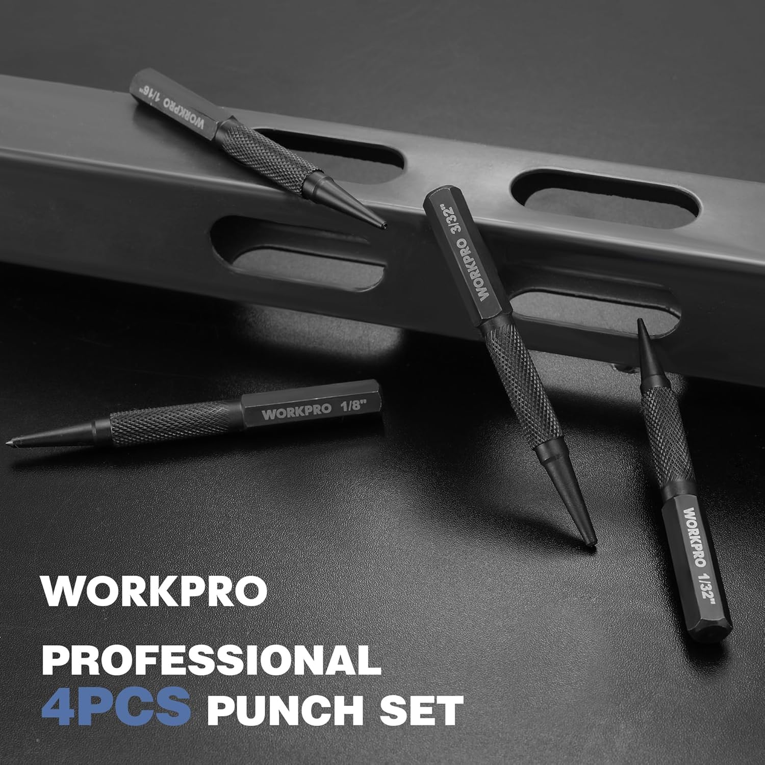 WORKPRO 4-Piece Nail Punch and Center Punch Set, Hardened Cr-V Steel with Knurled Grip,1/32", 1/16", 3/32" Nail Setter & 1/32" Center Punch Tool