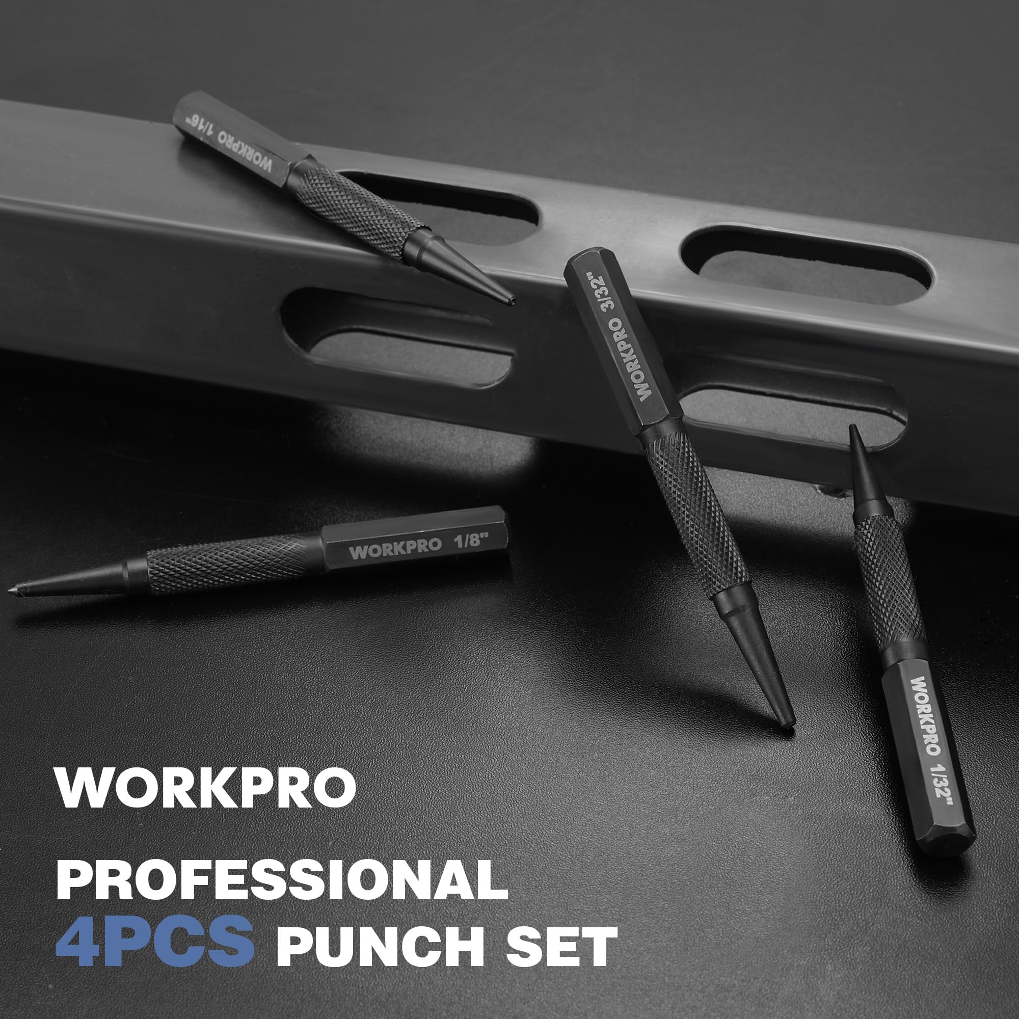 WORKPRO 4-Piece Nail Punch and Center Punch Set Hardened Cr-V Steel with Knurled Grip 1 32 1 16 — view 8