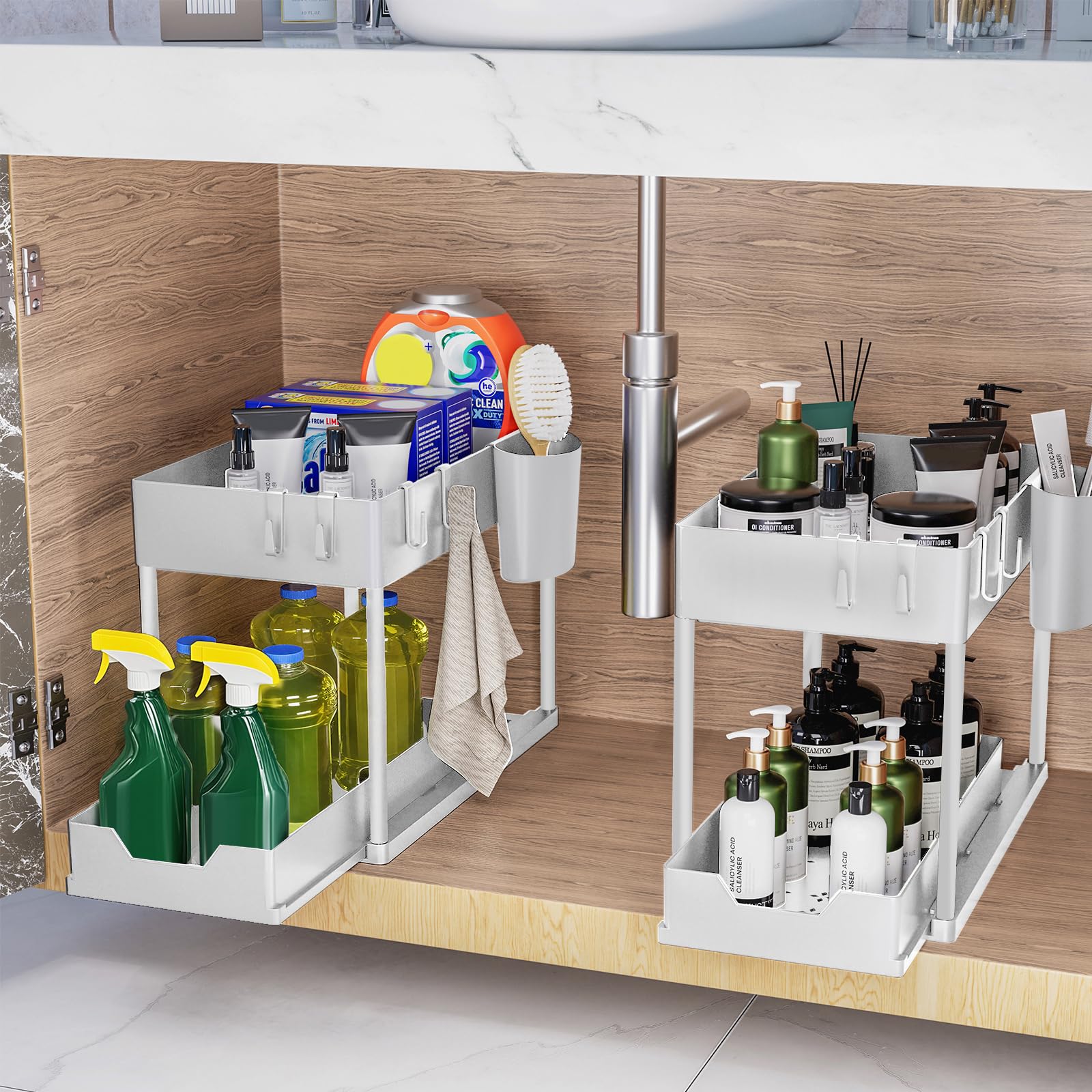 Puricon Organizer Sottolavello Cucina a 2 Livelli, Organizzatore Sottolavello Cucina Estraibile, Sottolavello Cucina Salvaspazio Multiuso Porta Detersivi Sottolavello Organizer per Cucina Bagno-Grigio