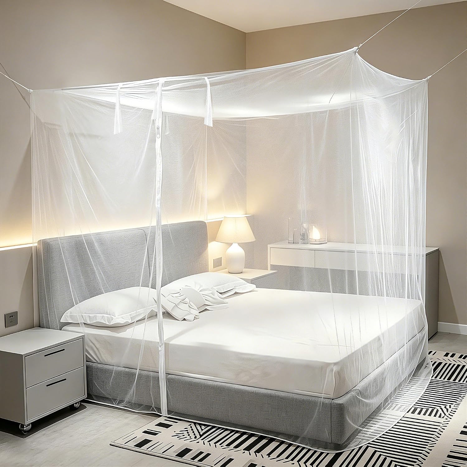 4 Corners Mosquito Net with Zipper Rectangular Mosquito Mesh Netting Bed Drapes for Bedding Home Decor Outdoor Travel Screen Tent (L75 X W47 X H60 Inch)