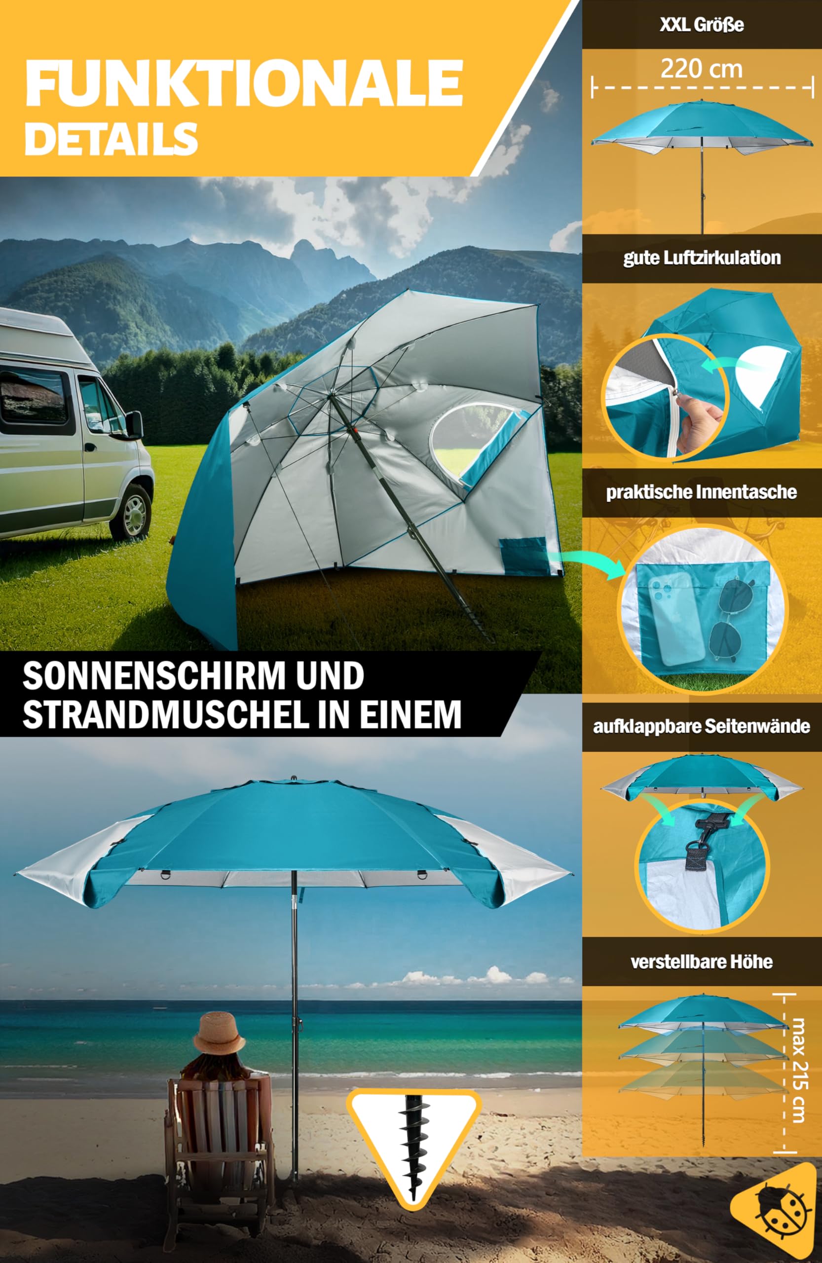 Menz Sonnenschirm Strand windfest stabil Ø 220 cm - Funktionale UPF 50+ Sonnenschirm Muschel, Strandschirm mit Seitenwand, Sonnenschutz Strand, Fb. Türkis