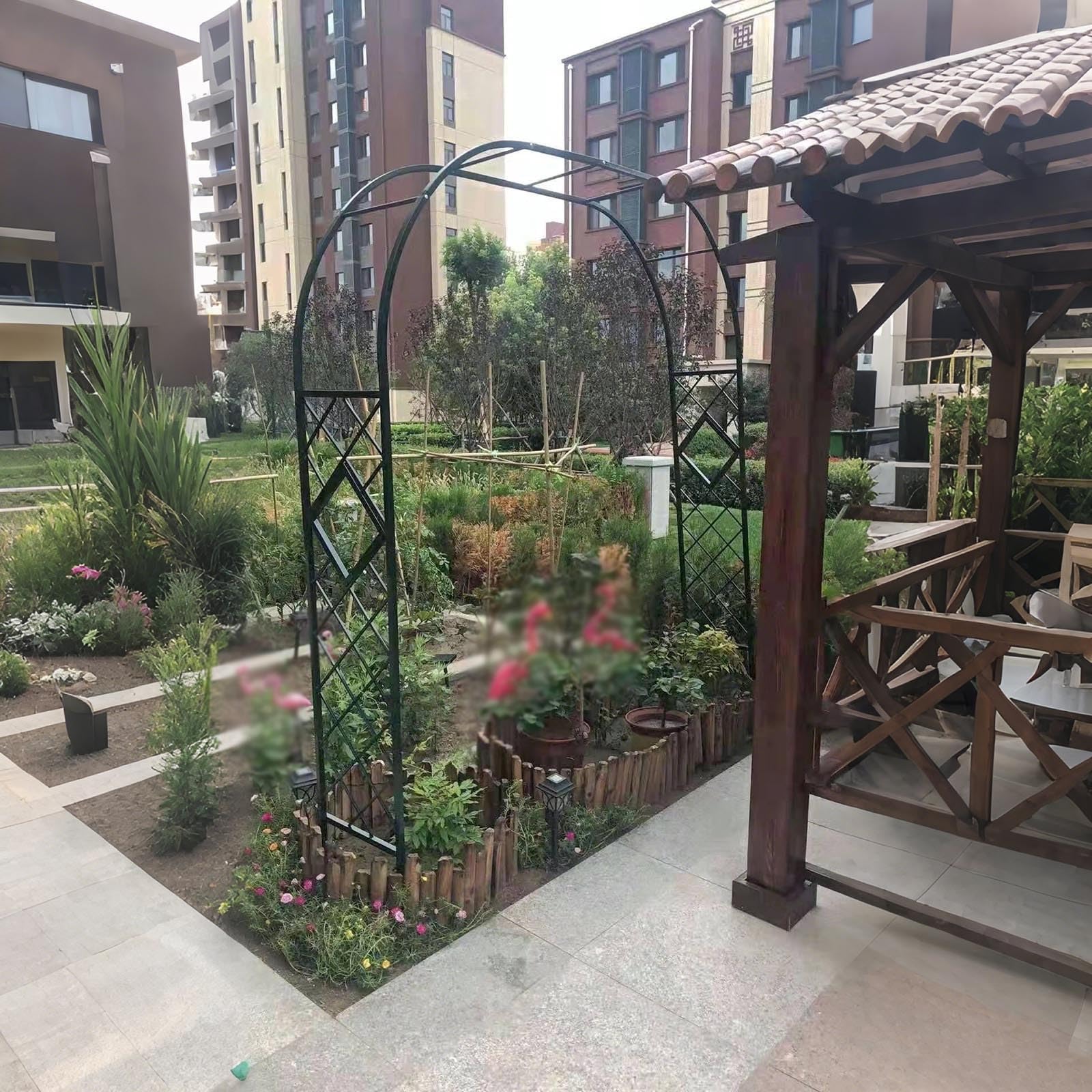Arche de jardin en métal vert 140x220 cm avec base pour rosier