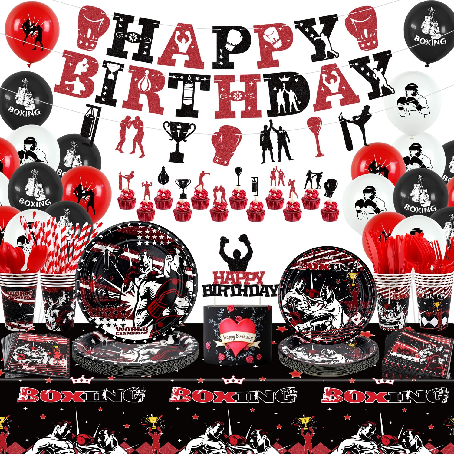 KEFAN Boxing Party decorations, Boxing birthday Party Supplies Packs, Fight Sports Wrestling Party Supplies including HAPPY BIRTHDAY Banner, Plates,