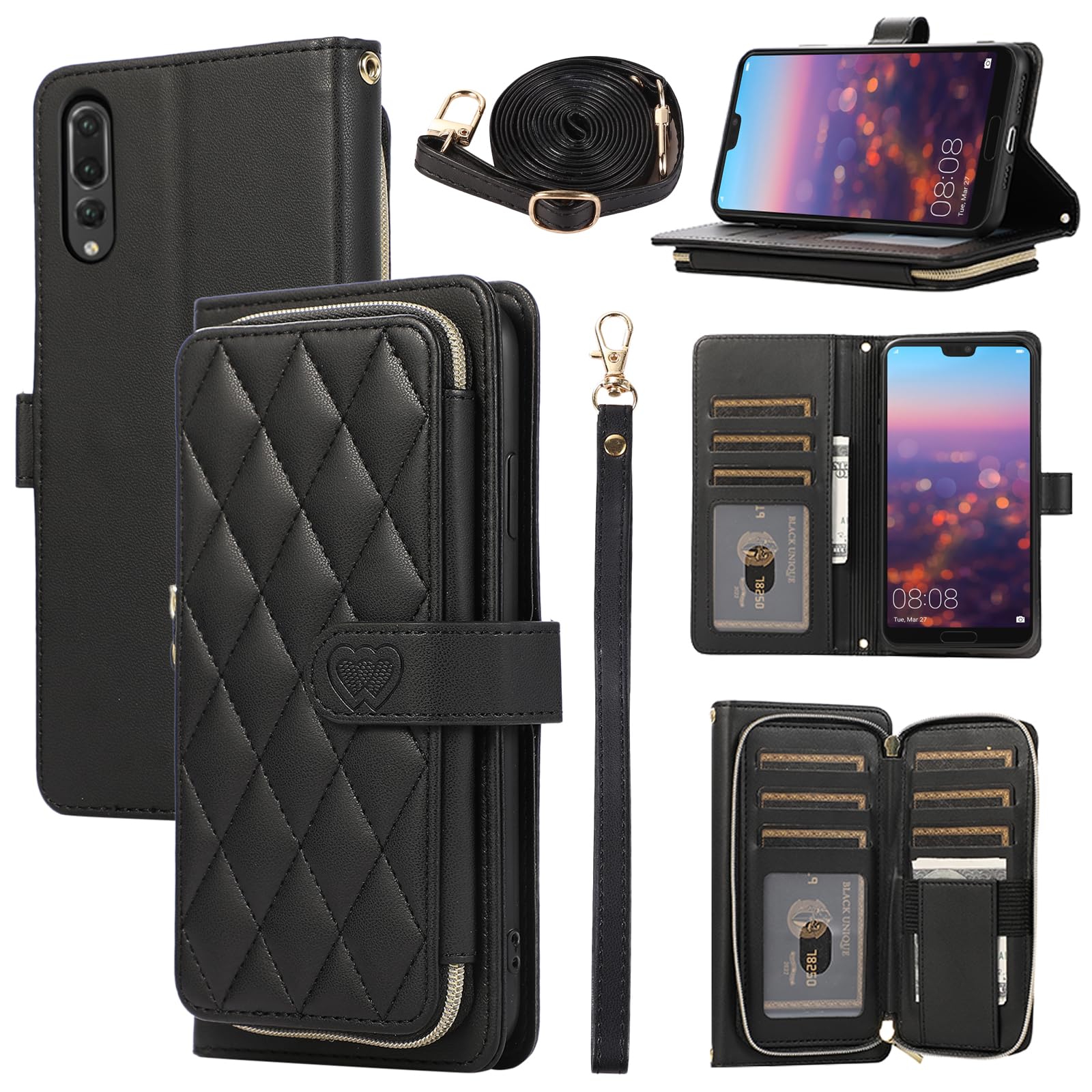 ELISORLI Wallet Case for Huawei P20 Pro with Wrist Strap,Crossbody Shoulder Strap,9 Card Slots Zipper Purse,Luxury PU Leather Stand Cell Accessories Phone Cover for Hawaii P 20Pro 20 P20pro Black