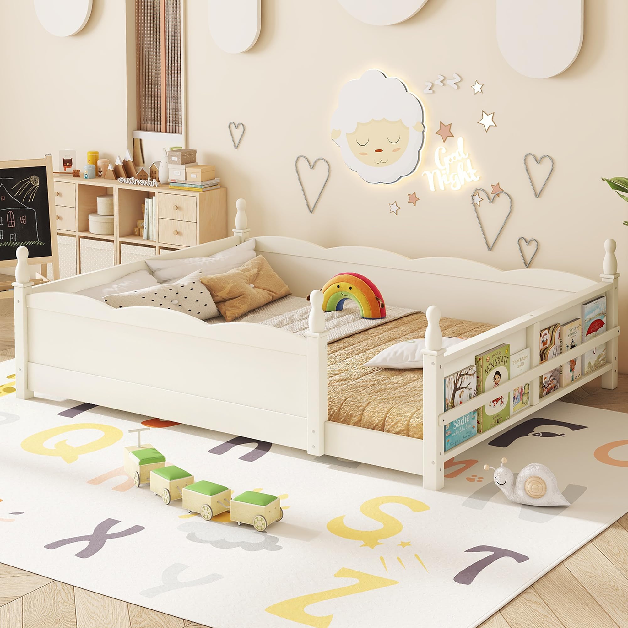 Bellemave Queen Size Montessori Floor Bed Frame with High Fence, Solid Wood Kids Floor Bed with Bookshelf, Low Profile Bed for Boys &amp; Girls, Childlike Design,Beige