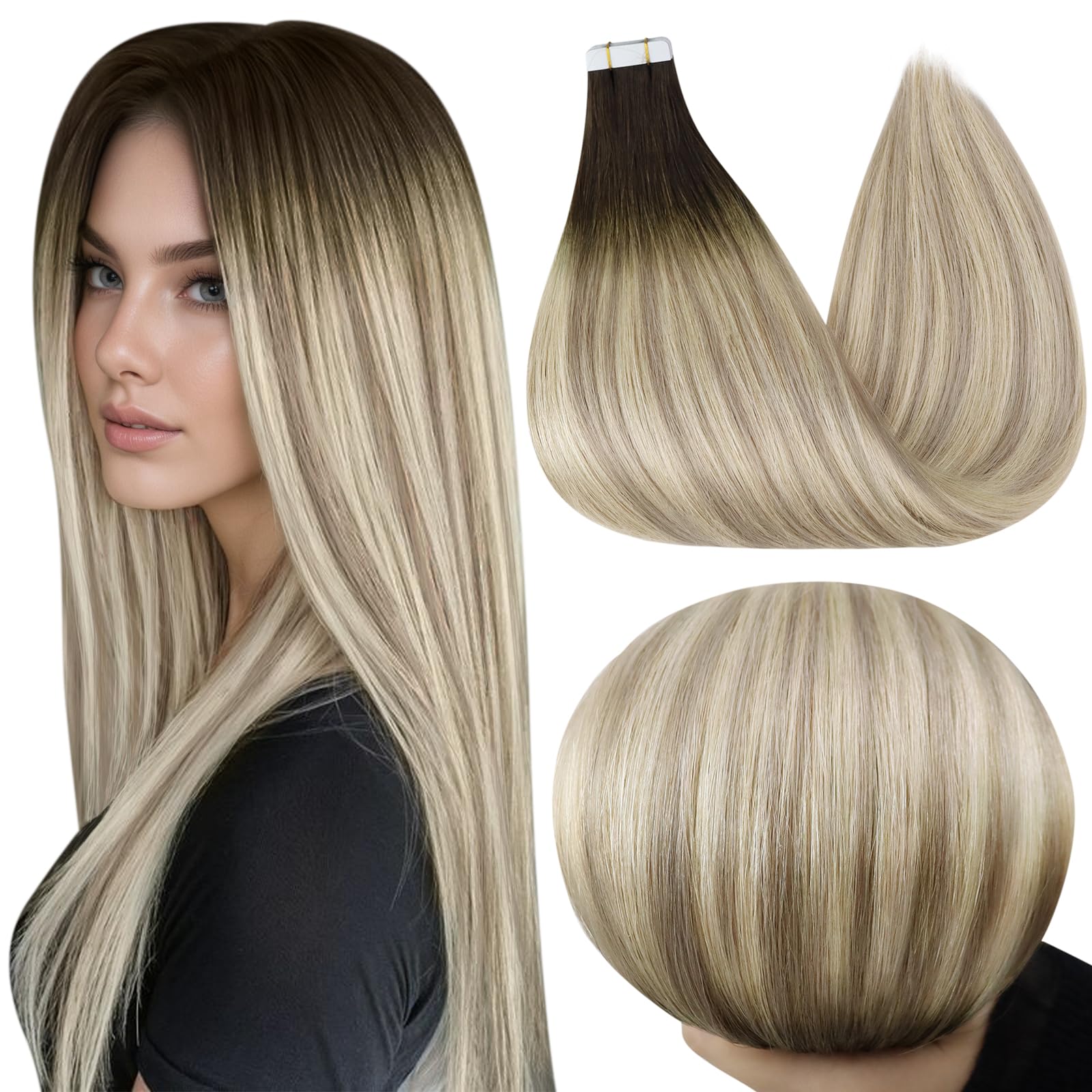 Full Shine Balayage Tape in Hair Extensions Human Hair 18Inch Balayage Tape in Real Hair Extensions Color 2 Fading to 18 And 60 Blonde Remy Hair Ombre