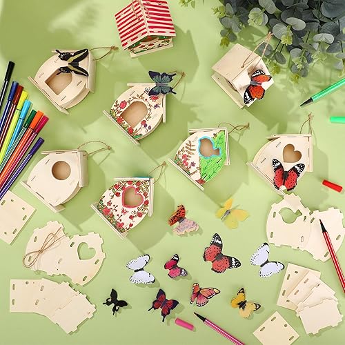 Miniatura 6 de Outus 24 Pieces Wooden Bird House Kits Bulk Birdhouse Craft Kits for Kids to Build DIY 4 Shapes Unfinished Bird House with Watercolor Pen and