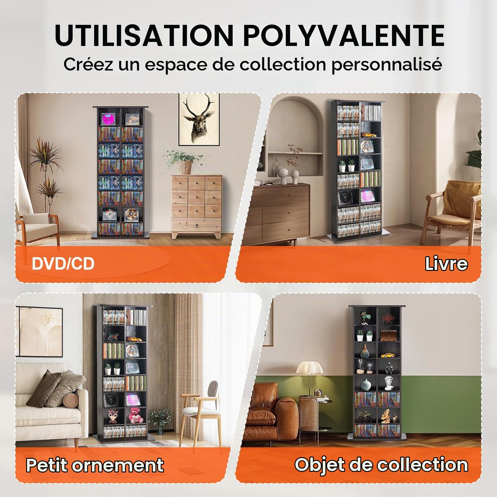 VEVOR Meuble de Rangement Multimédia, Étagère pour DVD à 8 Couches Capacité 464 CD, Armoire à DVD 16 Compartiments, Stockage la Musique, Les Films, Les Jeux Vidéo ou Les Collections de Souvenirs