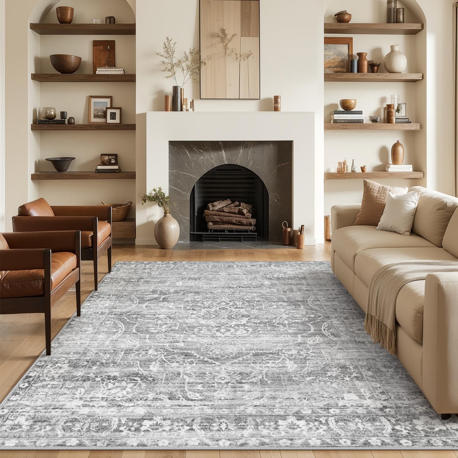 Lahome Washable 8 x 10 Area Rugs for Living Room - Grey Rug Non-Slip Large Soft Rugs for Bedroom, Vintage Neutral Boho Indoor Stain Resistant Dining Room Rugs for Under Table (Grey, 8'x10')