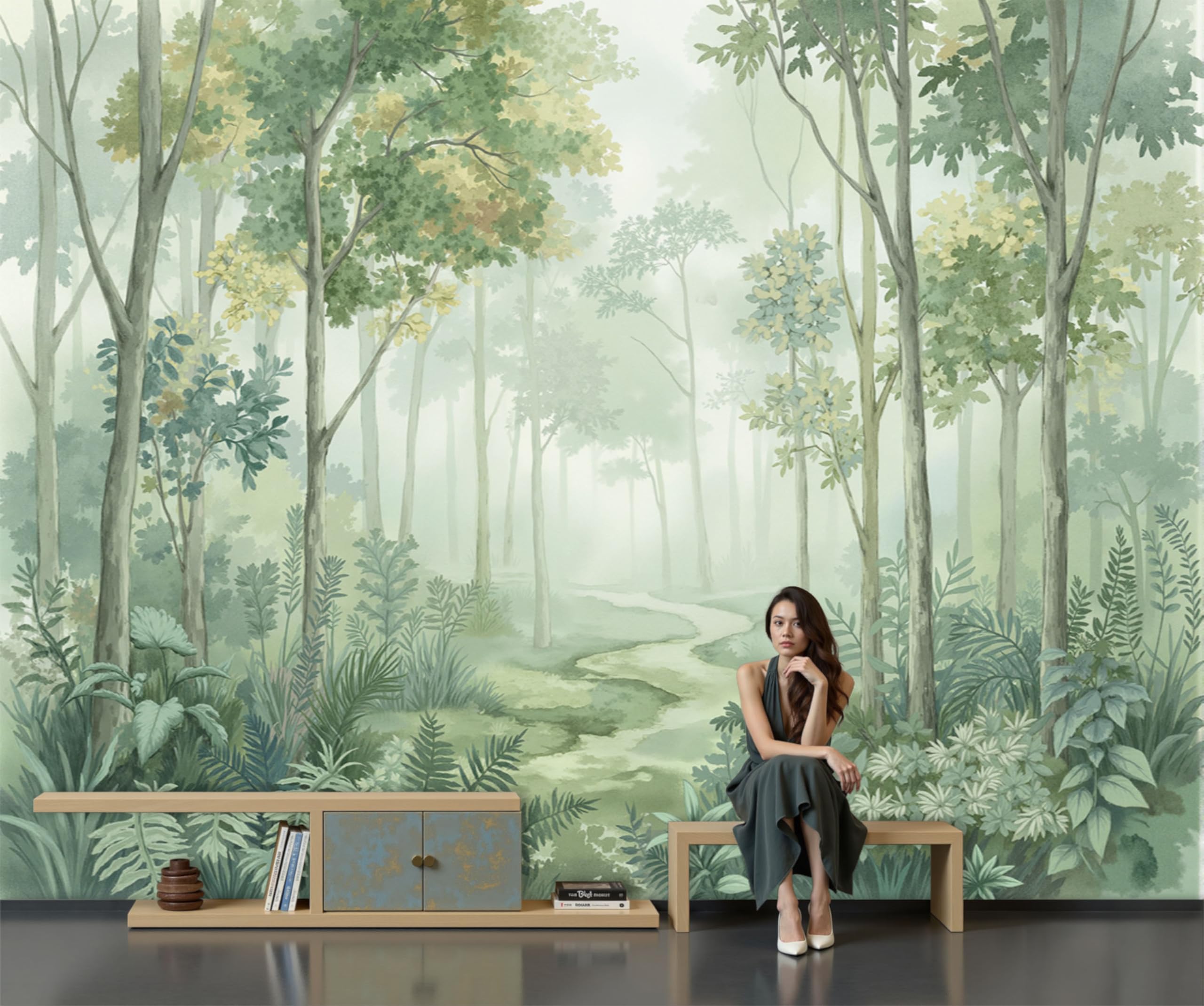 Carta Da Parati Panoramica Verde 400 x 280 cm - Murales Acquerello Piante tessuto non tessuto, Decor Carta da Parati Paesaggio Boschivo Nebbia, per Soggiorno Cucina Corridoio Muro Di Sfondo