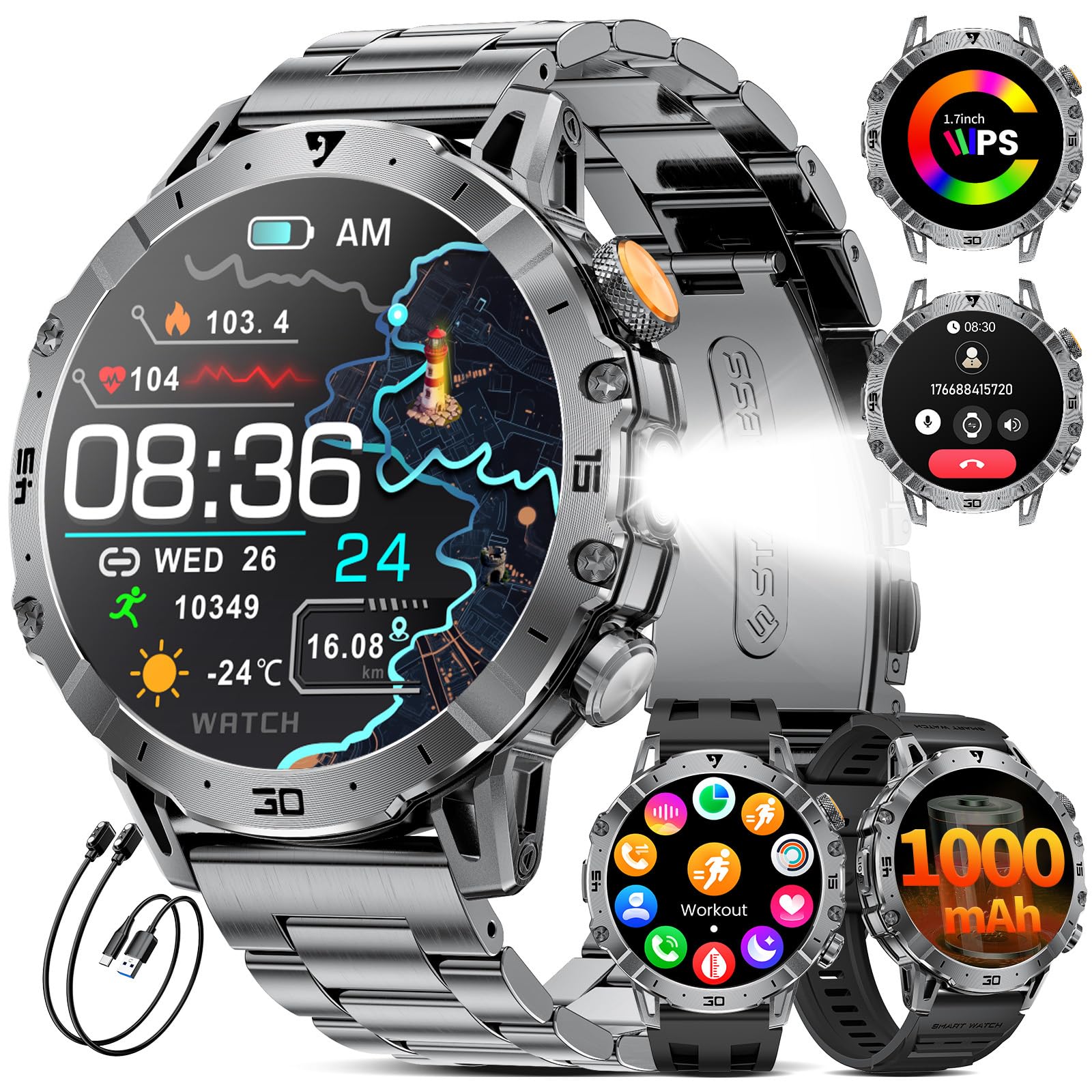 Reloj Inteligente Hombre con 1000 mAh/LED Linterna/Llamada Bluetooth, 1,7'' Smartwatch Militar con 110+ Modos Deportivos,Impermeable, Frecuencia CardÃaca, Android iOS, 3 Pulseras+2 Cargadores,EF18-A