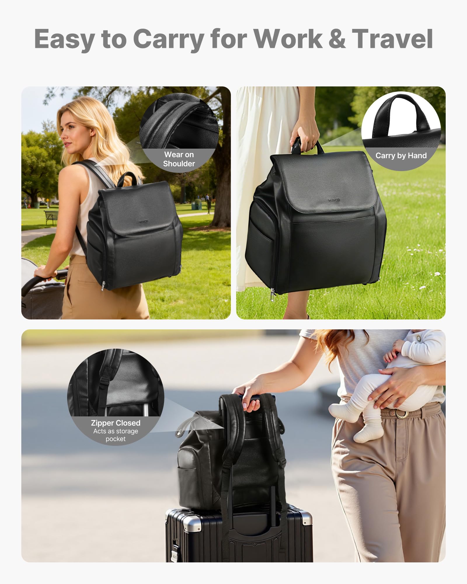 VEVOR Milchpumpen-Rucksack, 320x200x340 mm, mit Kühlakku, passend für S1/S2, Pumpzubehör und Muttermilchaufbewahrung, Wickelrucksack für Arbeit, Reisen und Familiengebrauch, Schwarz