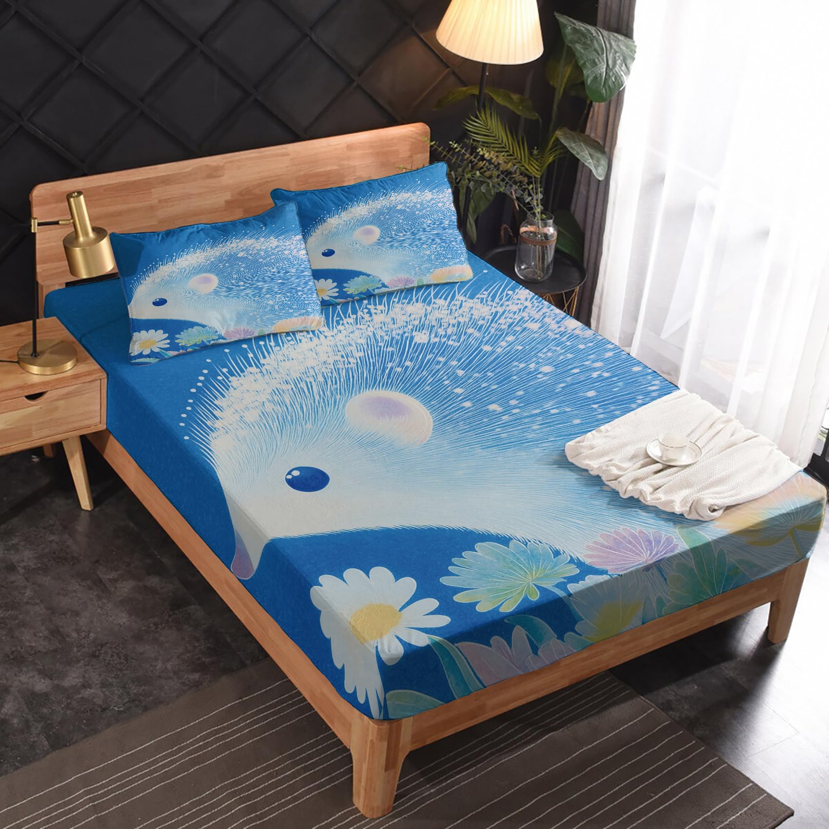 Zvynqour Cute Hedgehog Sheets California King Size - Art Animal Bed Sheets - Deep Pocket Fitted Sheets & Flat Sheets & Pillowcases 4 Piece Set - Wildlife Bedding & Decor - Soft Cosy Microfibe